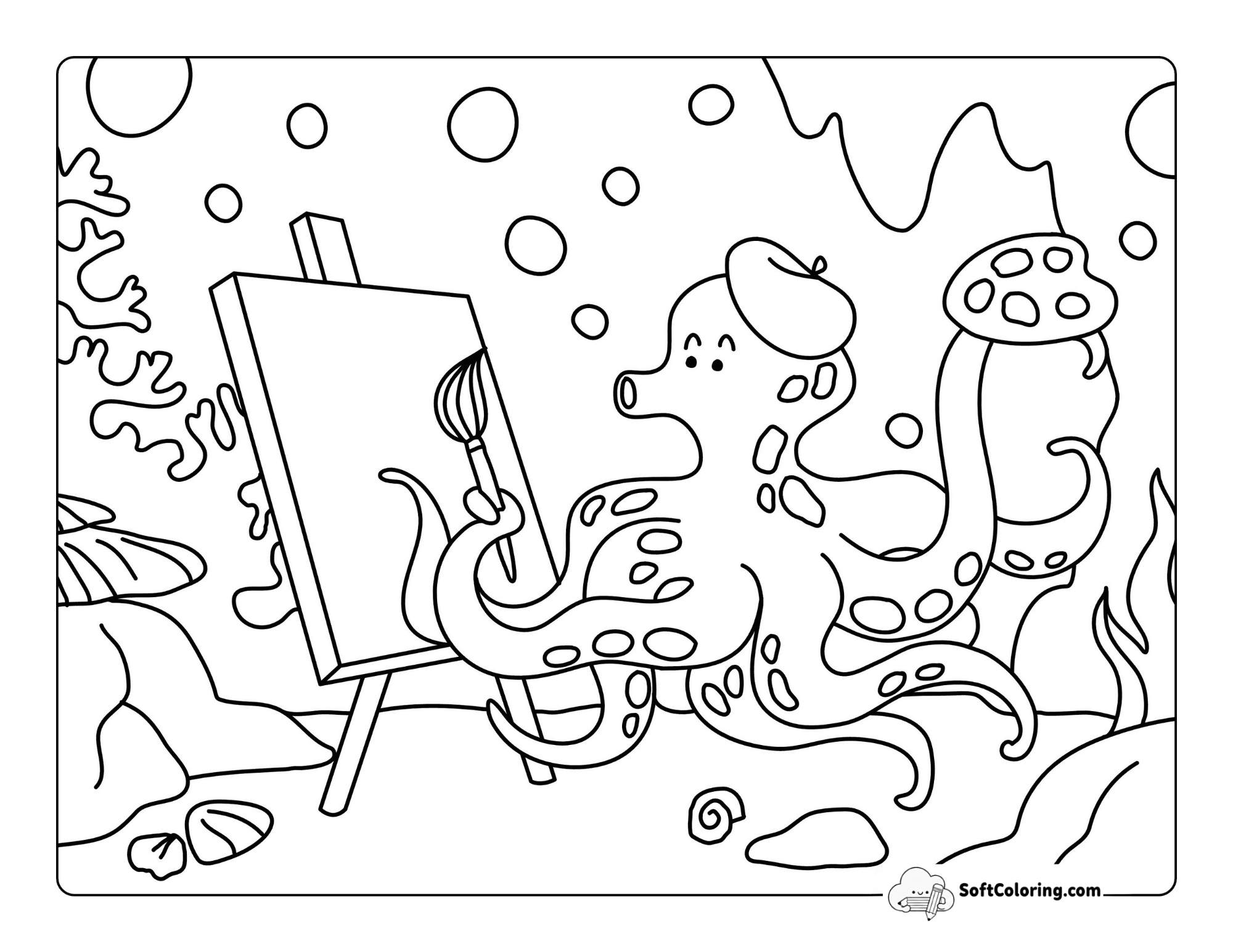 Funny Octopus Painting Underwater - Easy Coloring Page For Kids