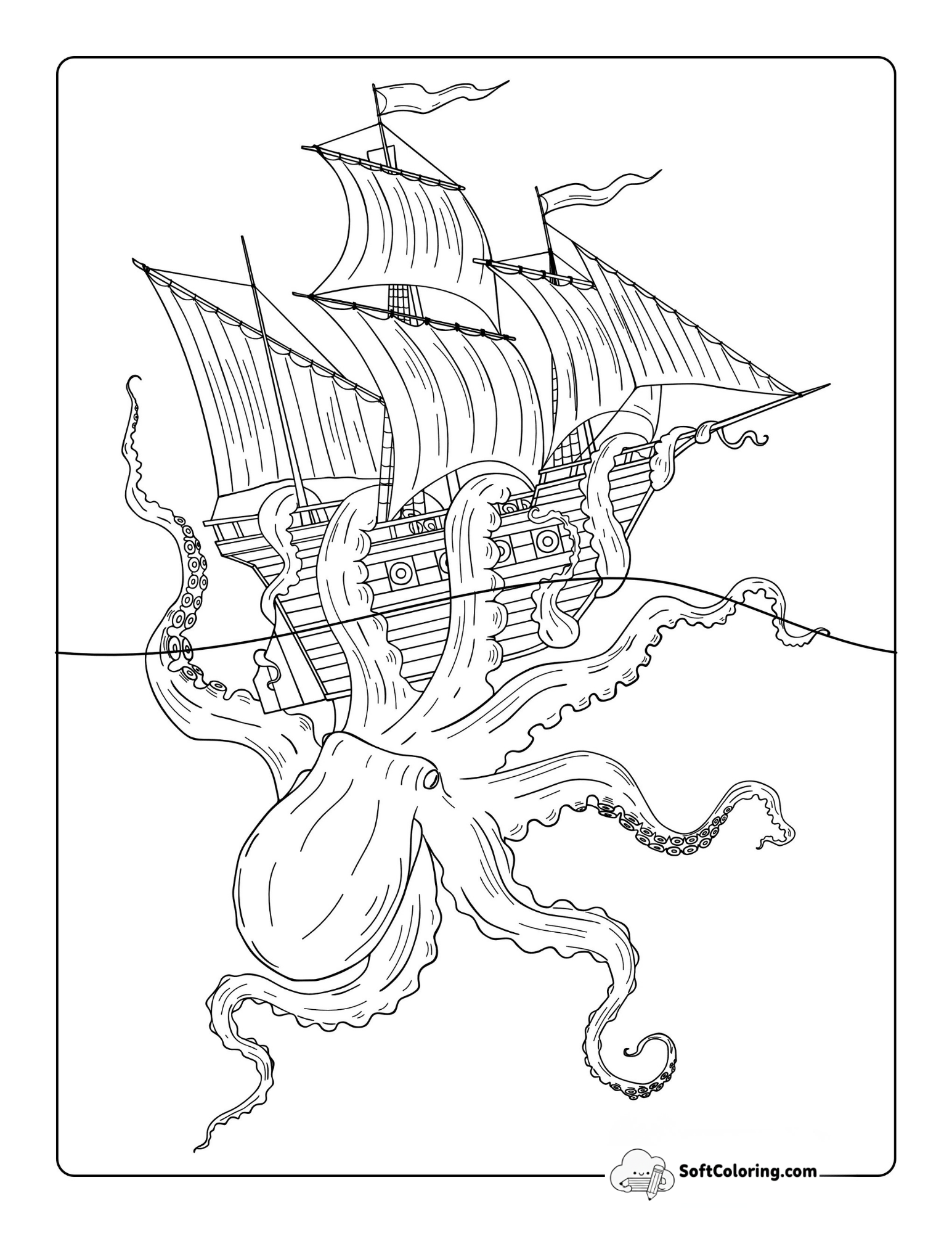 Cool Realistic Kraken Destroying Ship - Coloring Page For Adults