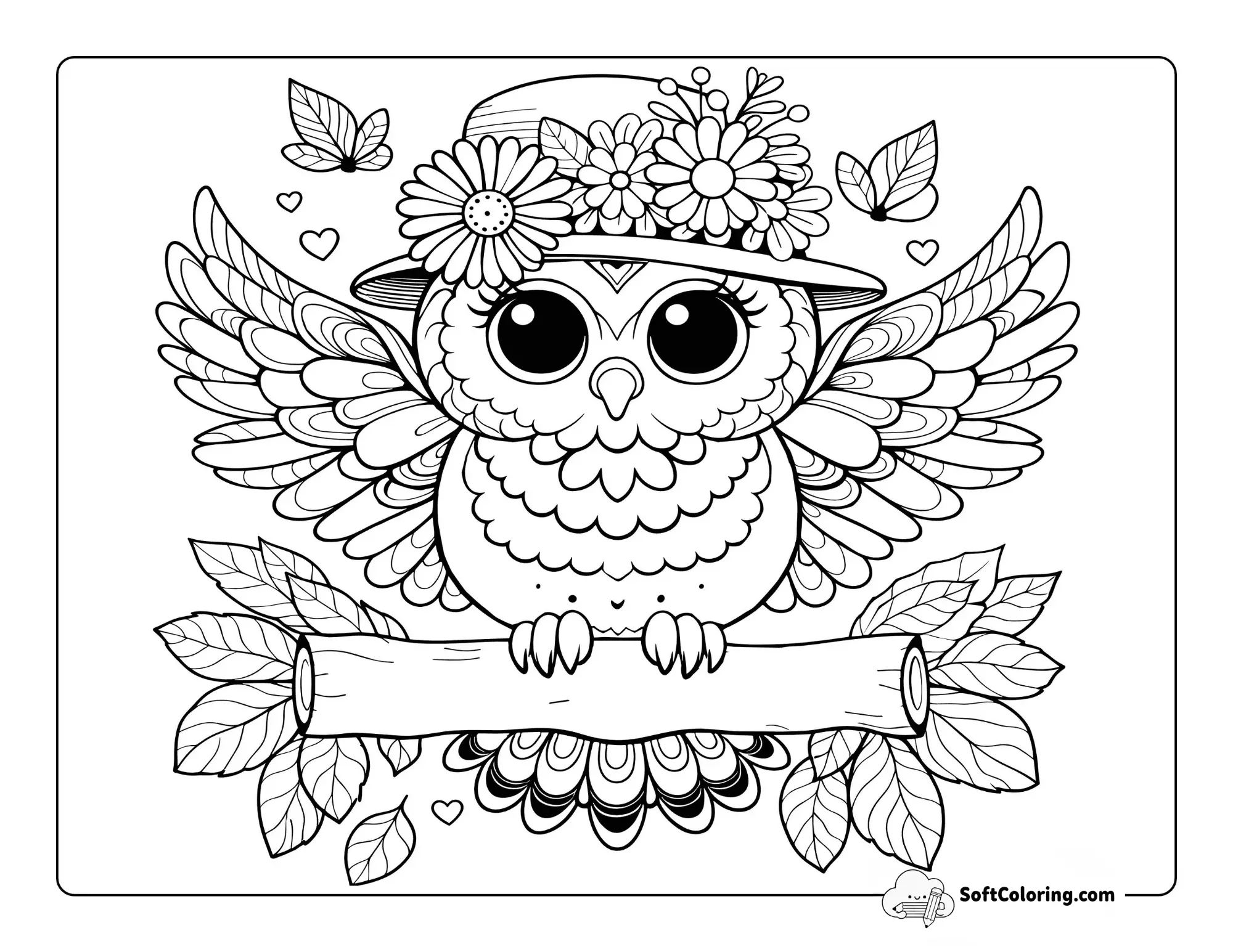 Flower Hat Spring Owl Coloring Sheet