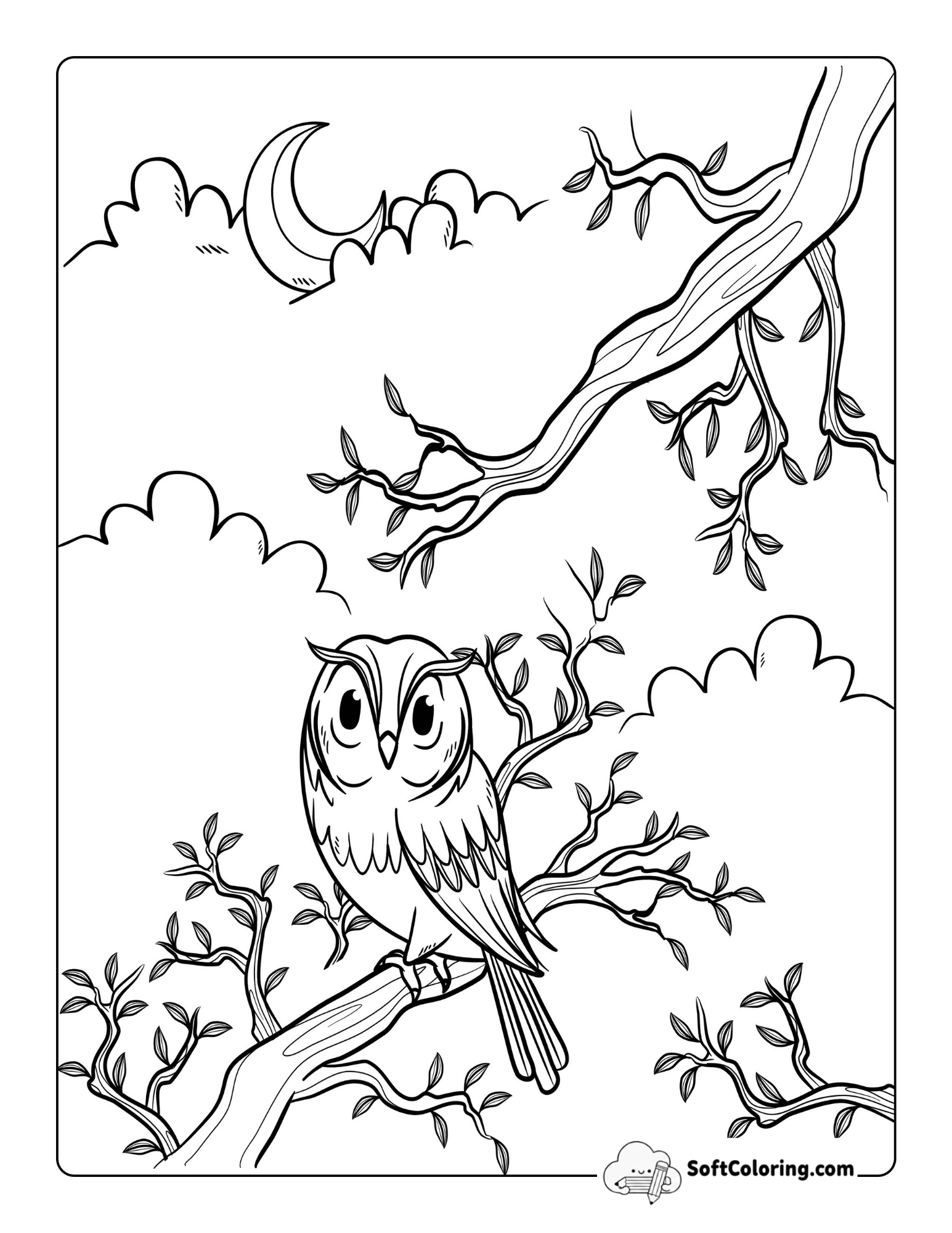 Easy Realistic Owl In Moonlight Printable Coloring Page