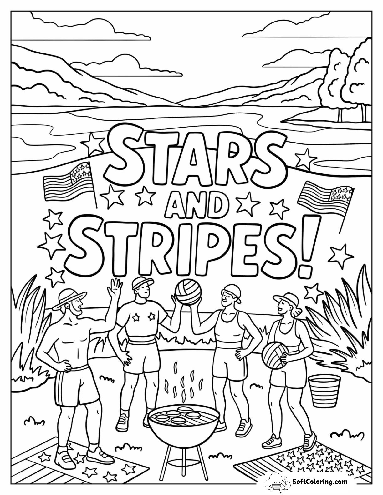 Beach Party With Volleyball, Grill, And Flags