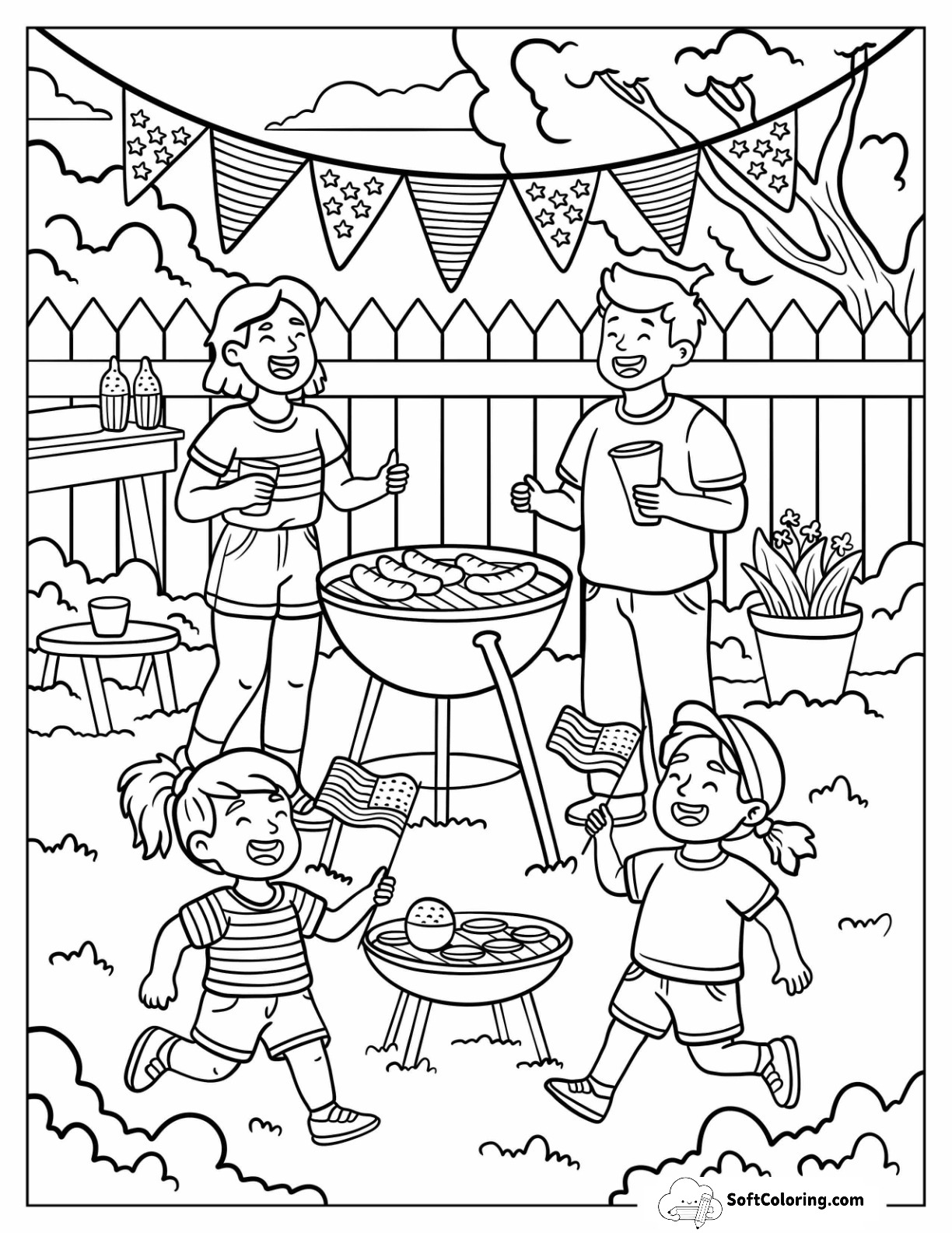 Family Grill Party With Smiling Kids And Grilled Hot Dogs