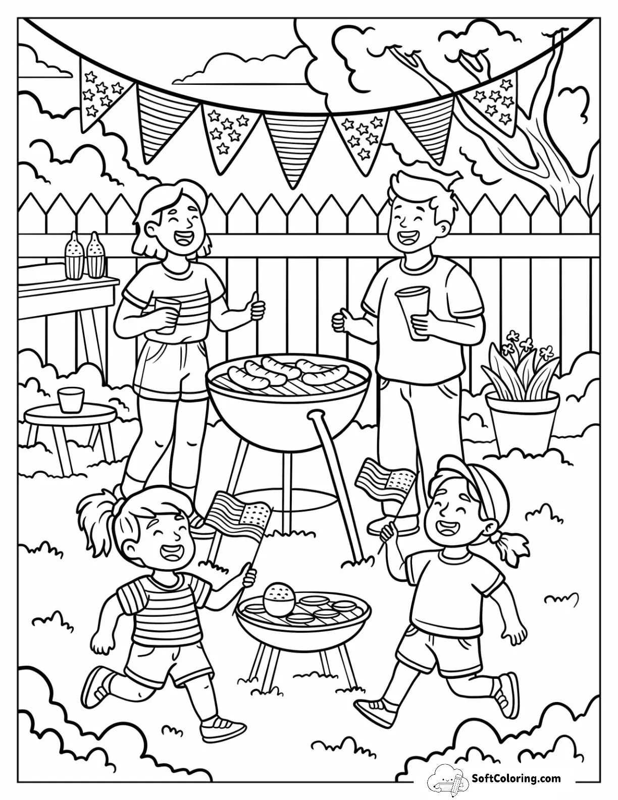 Family Grill Party With Smiling Kids And Grilled Hot Dogs