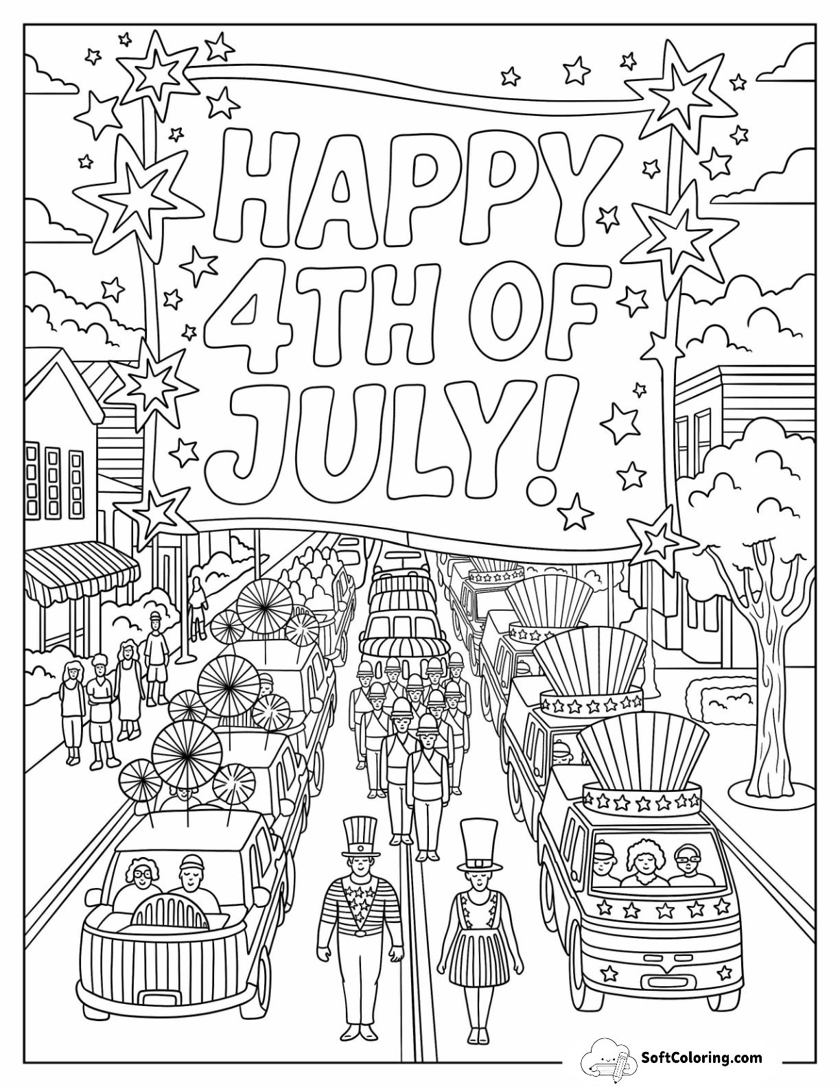 Parade With Floats, Marchers, And Patriotic Banner