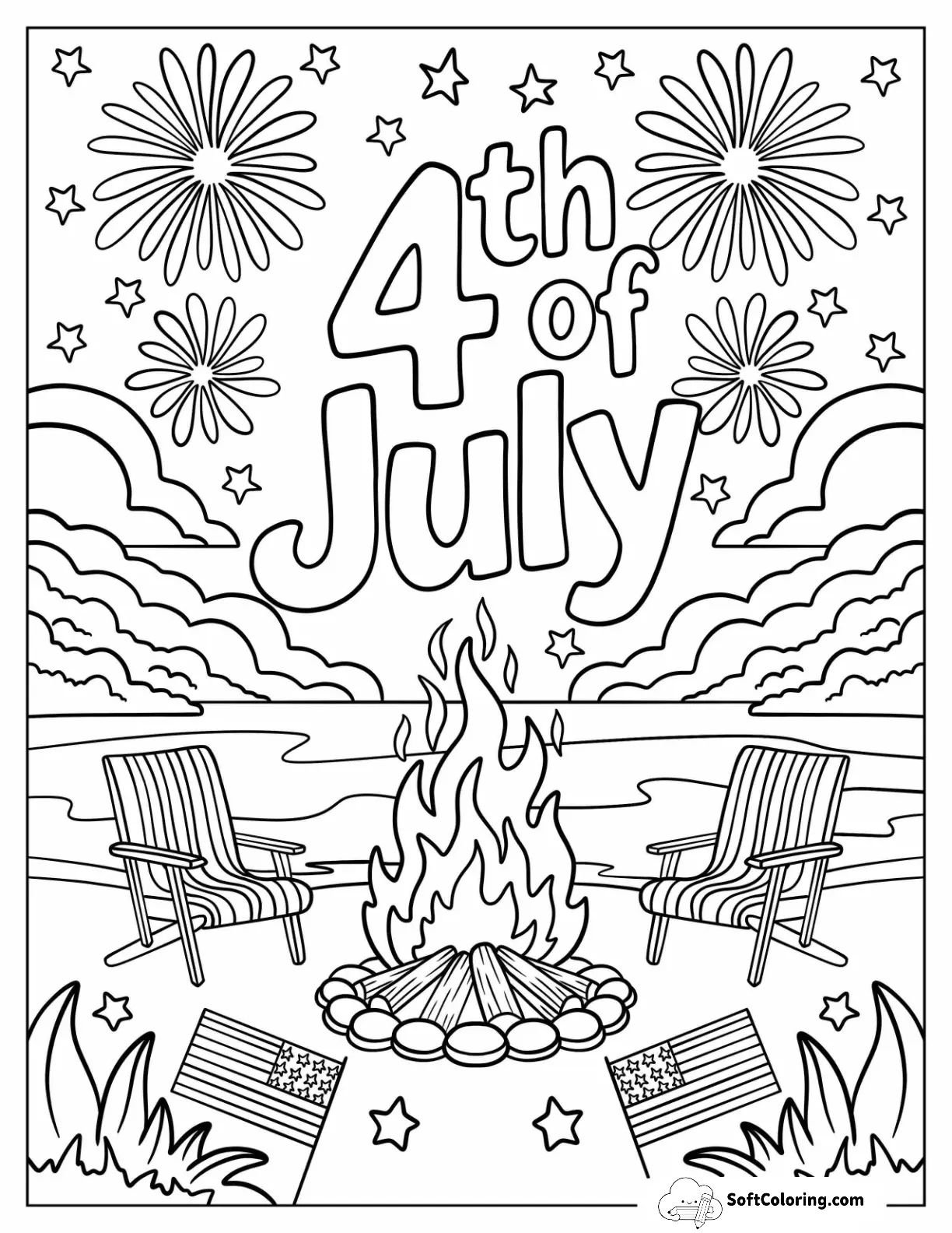 4Th Of July Coloring Page Text Above Bonfire On A Beach