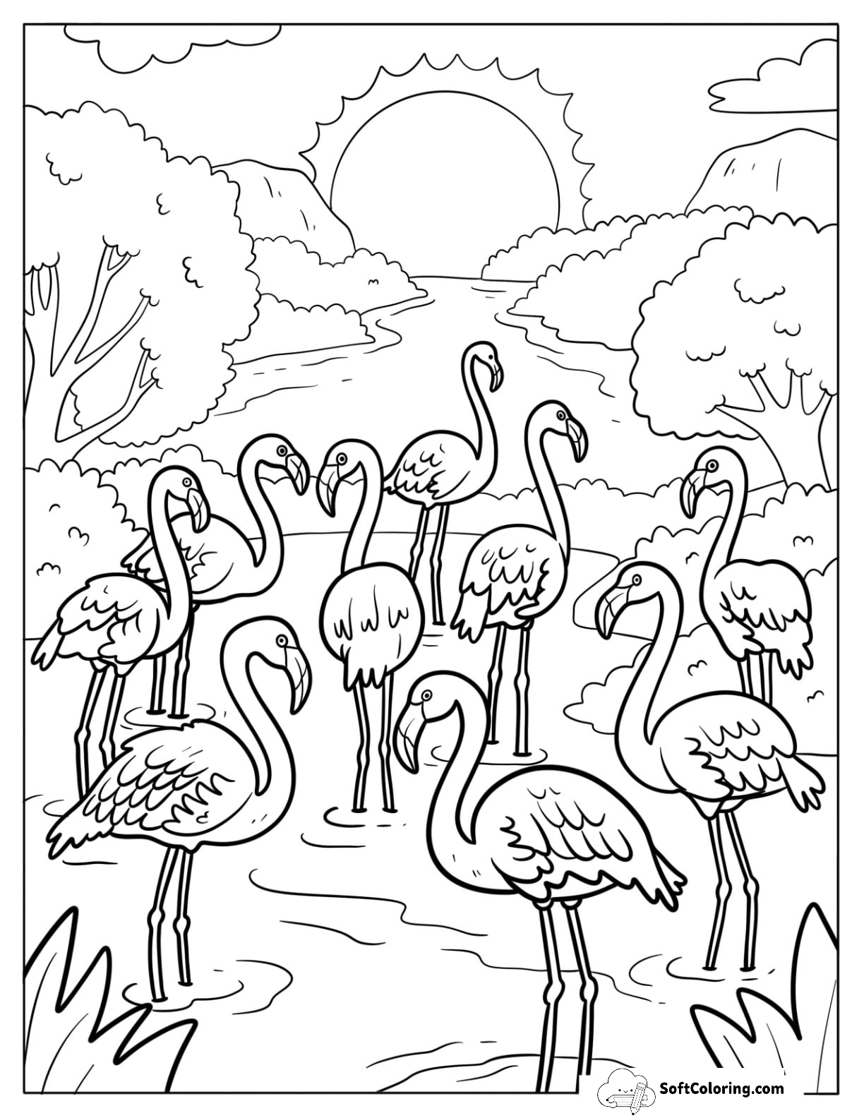 A Flock Of Flamingos By The River