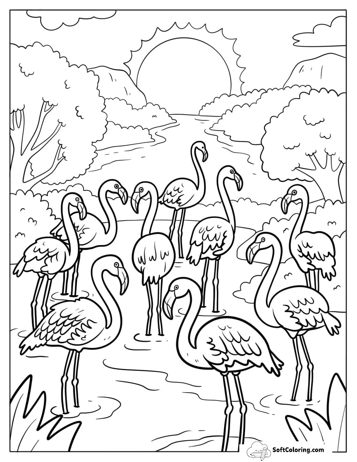 A Flock Of Flamingos By The River