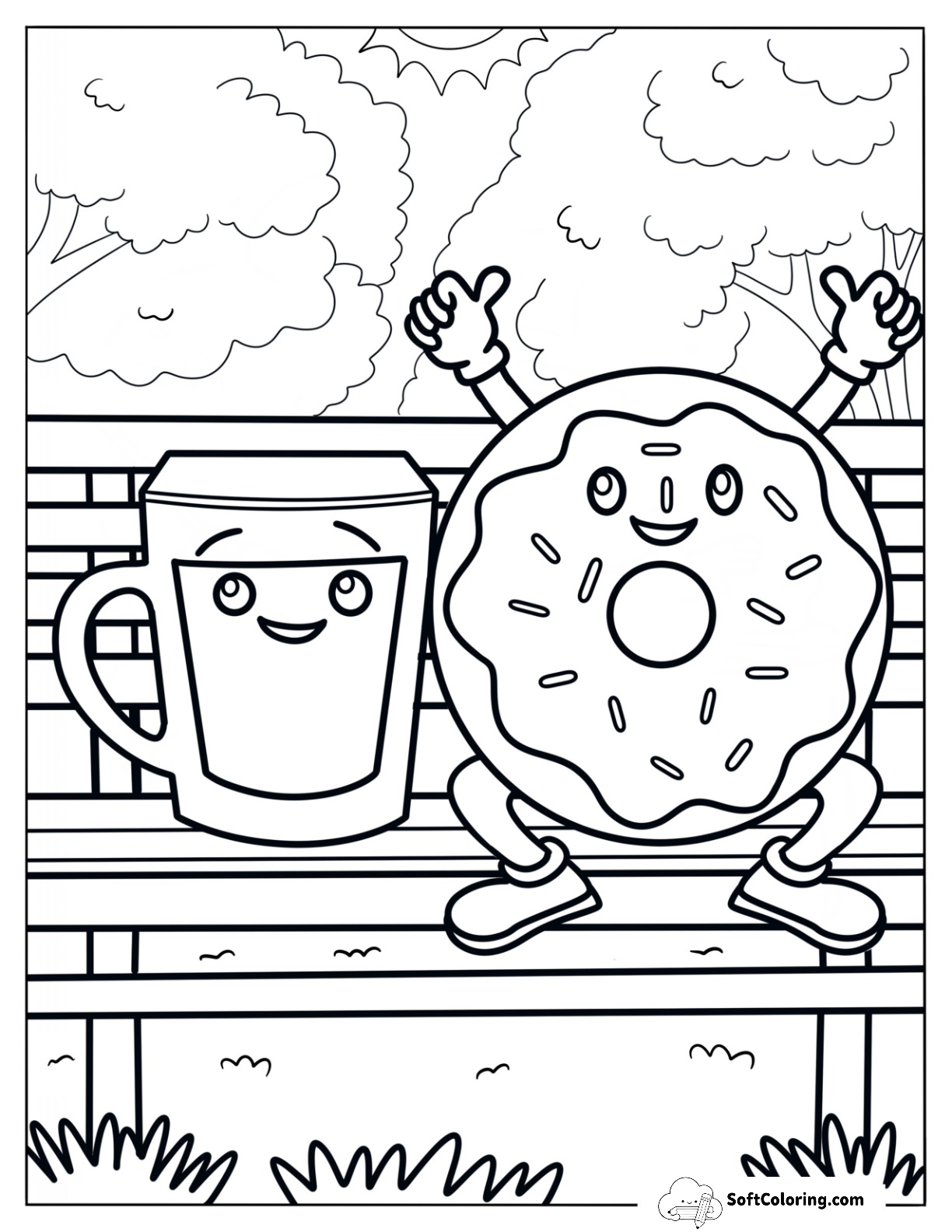 A Mug Of Coffee Sitting With A Donut Coloring Page On A Bench