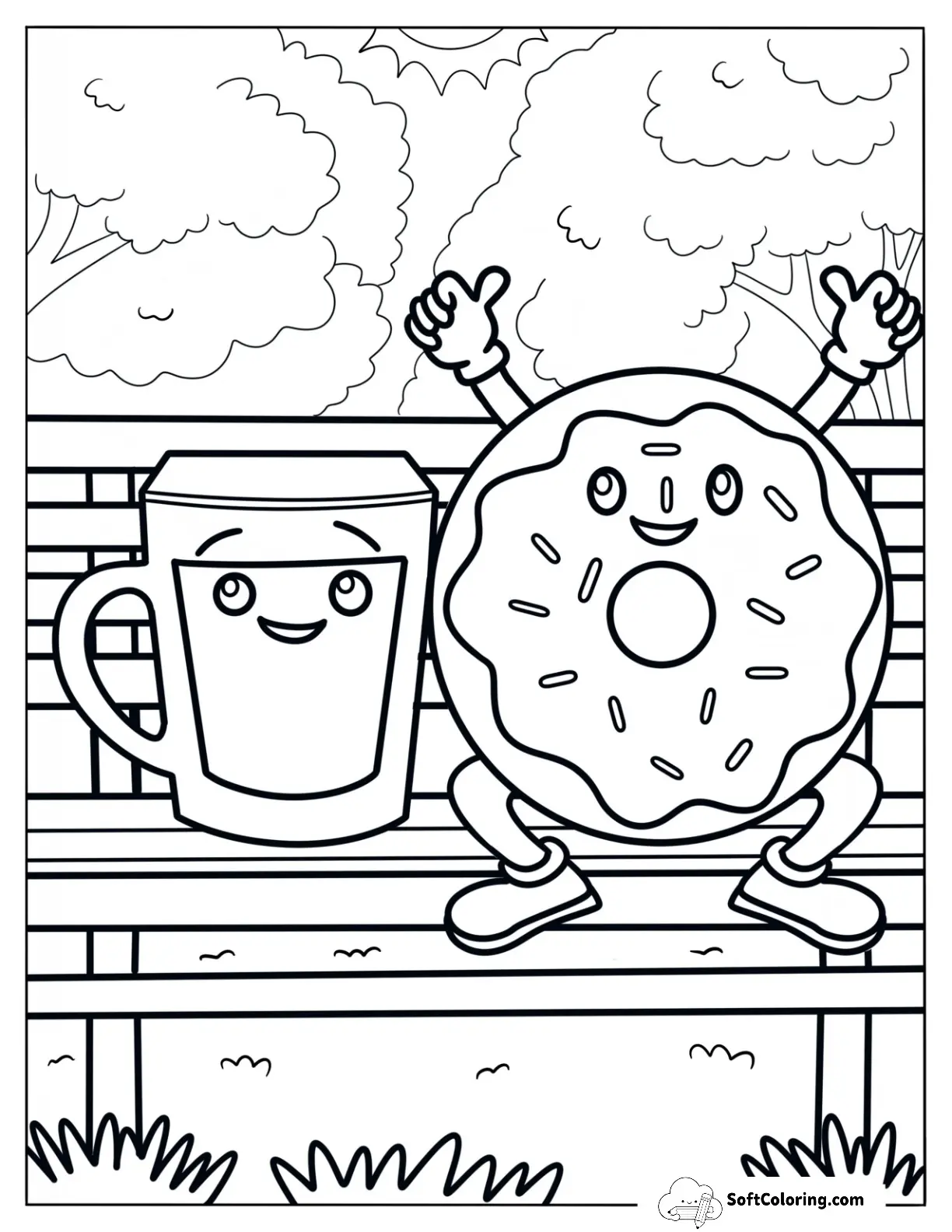 A Mug Of Coffee Sitting With A Donut Coloring Page On A Bench