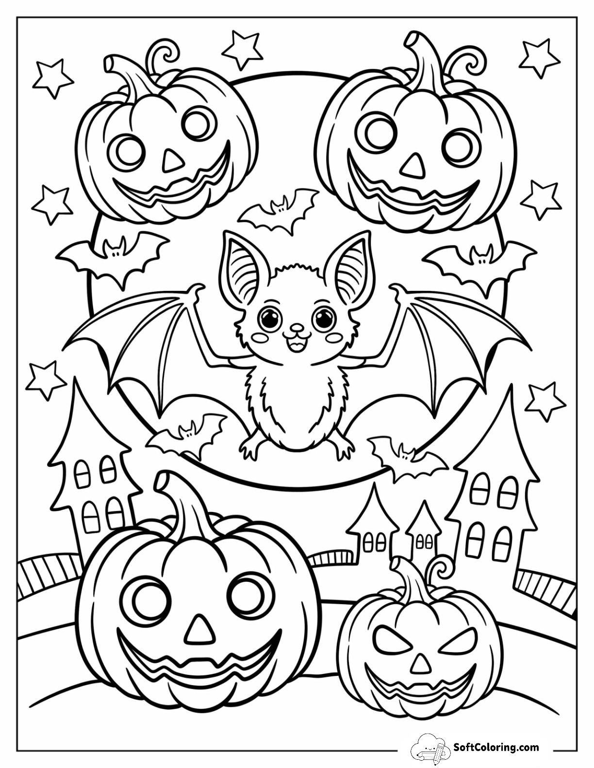 Adorable Bat In The Sky With Full Moon And Jack O Lanterns For Kids