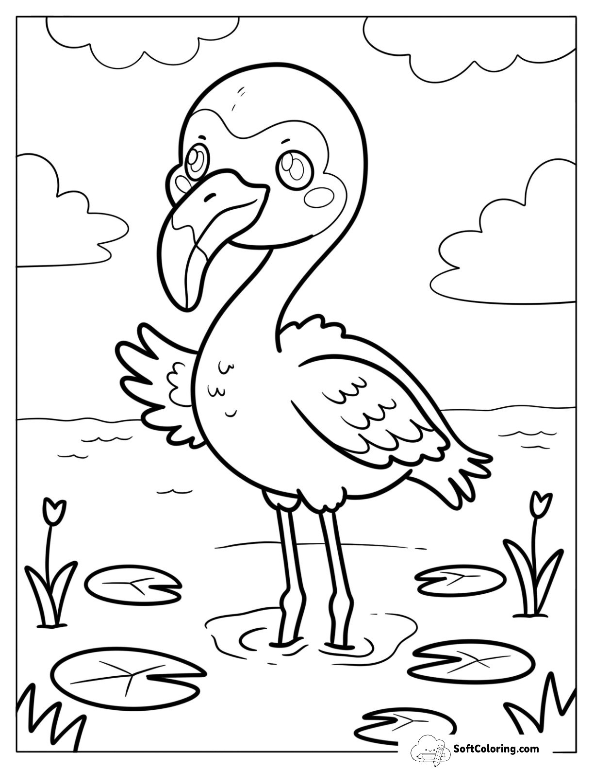Adorable Chibi Flamingo Standing In Water