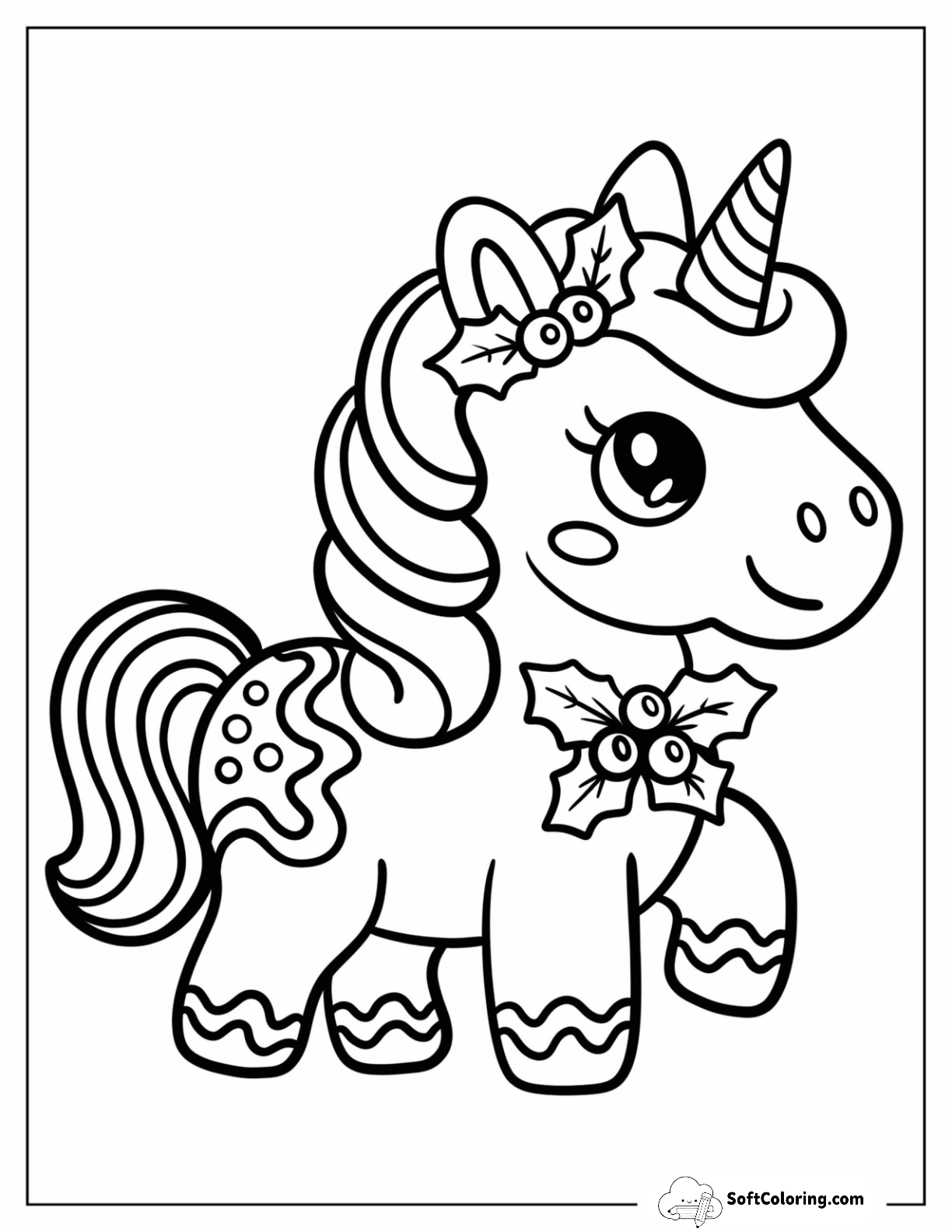 Adorable Christmas Unicorn Wearing Hollies For Preschoolers