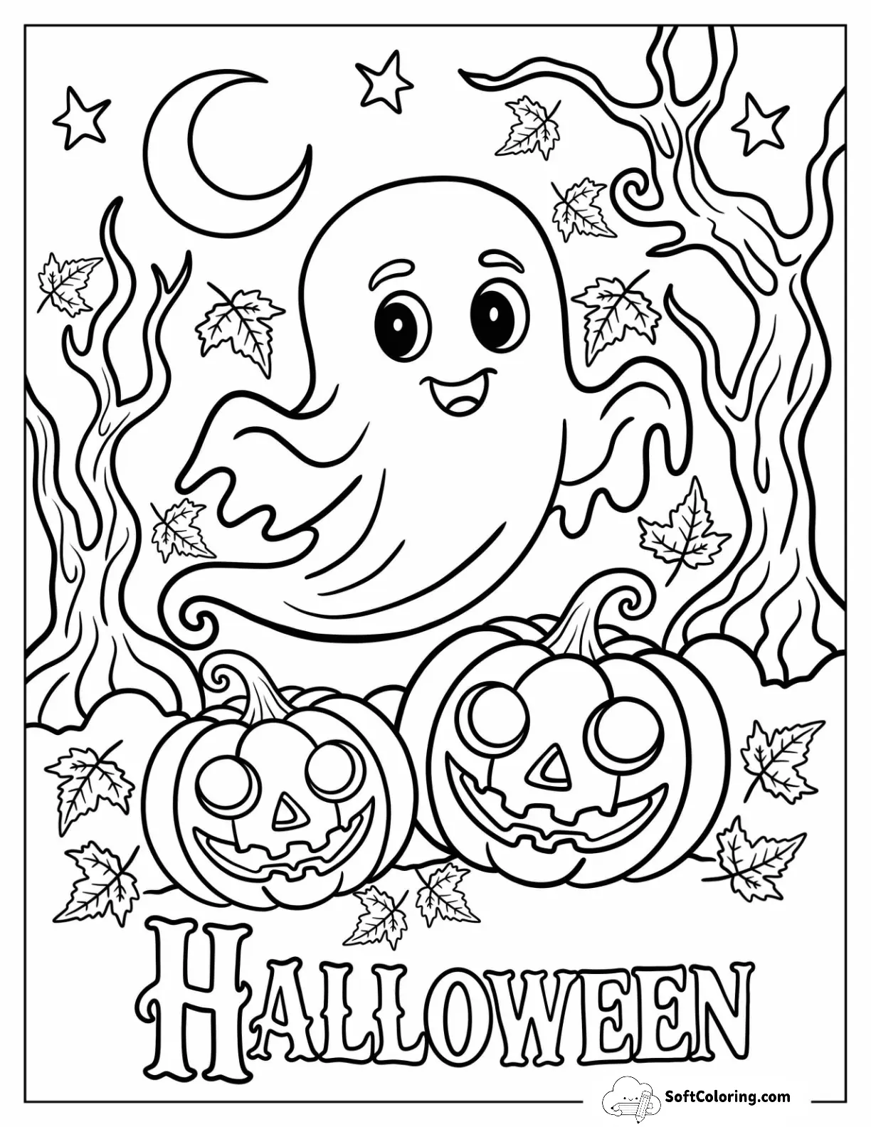 Halloween Of Adorable Ghost Floating Over Jack O’ Lanterns In A Forest