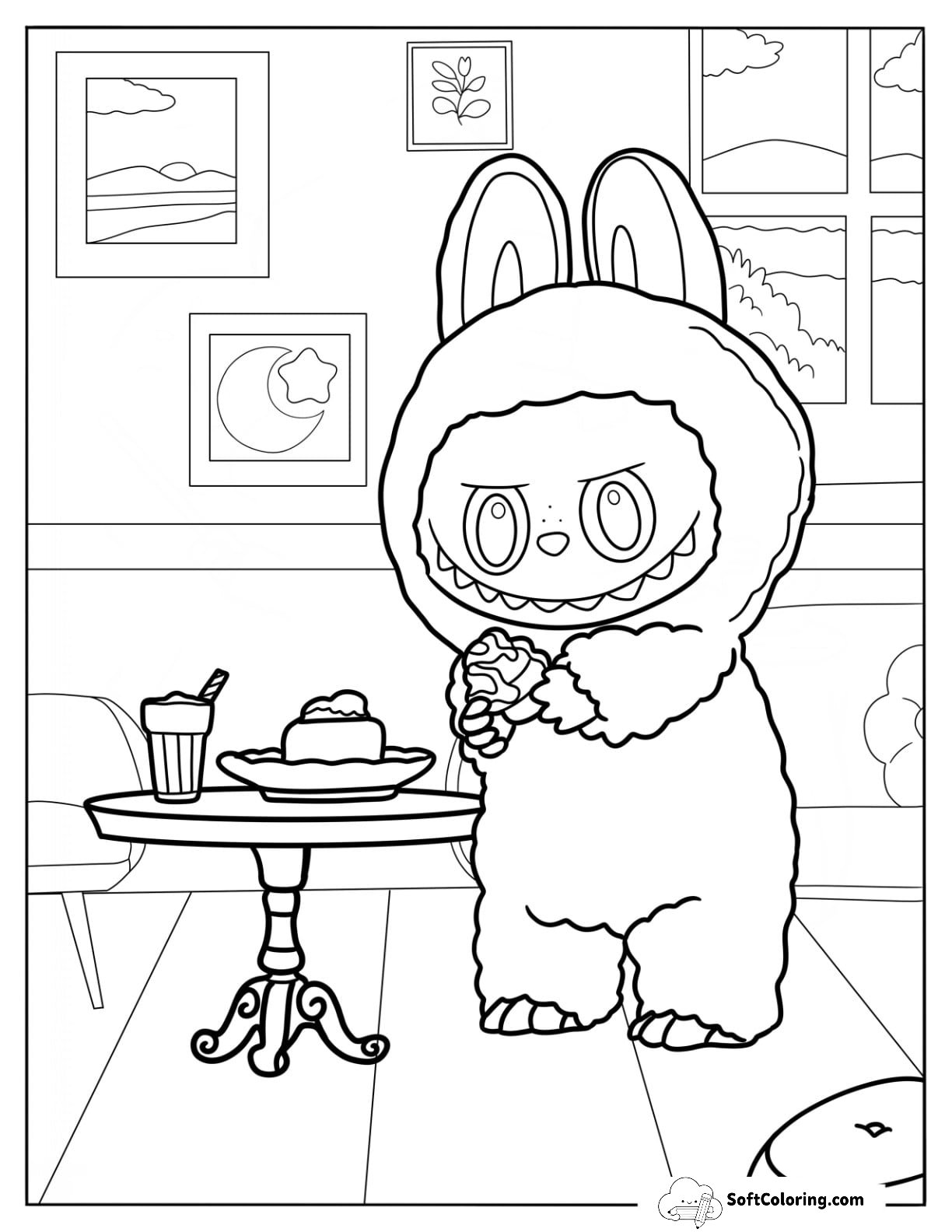 Adorable Labubu Coloring Page Eating A Snack For Kids