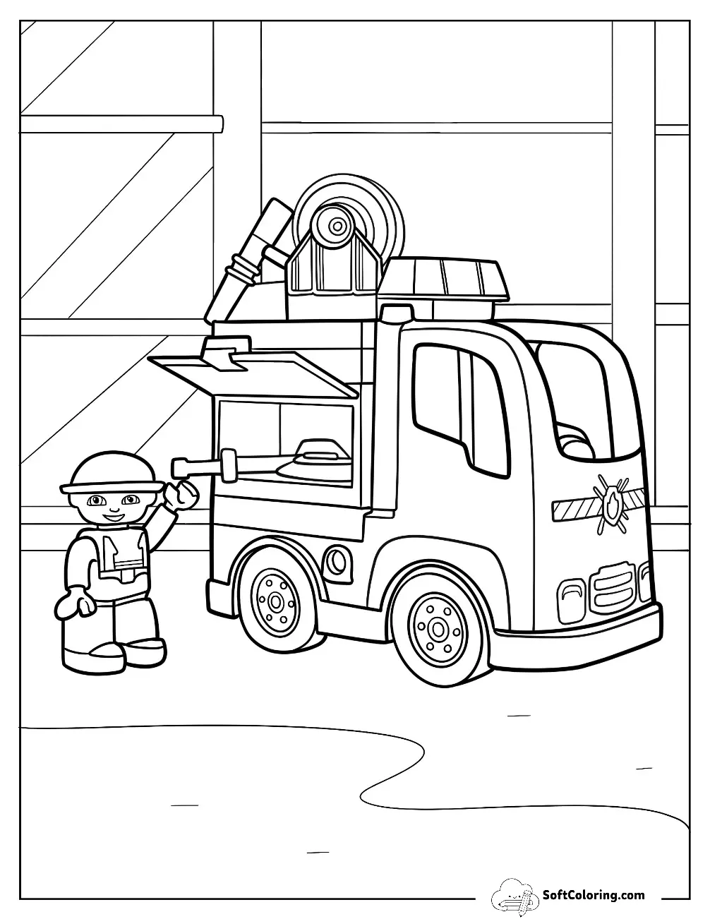 Adorable Legon Firefighter Next To A Fire Truck For Kids