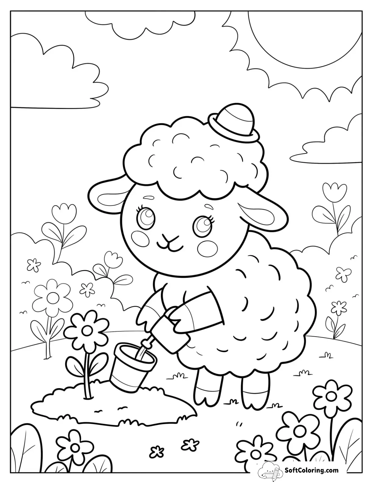 Adorable Sheep Coloring Page With Watering Can In A Garden For Kids