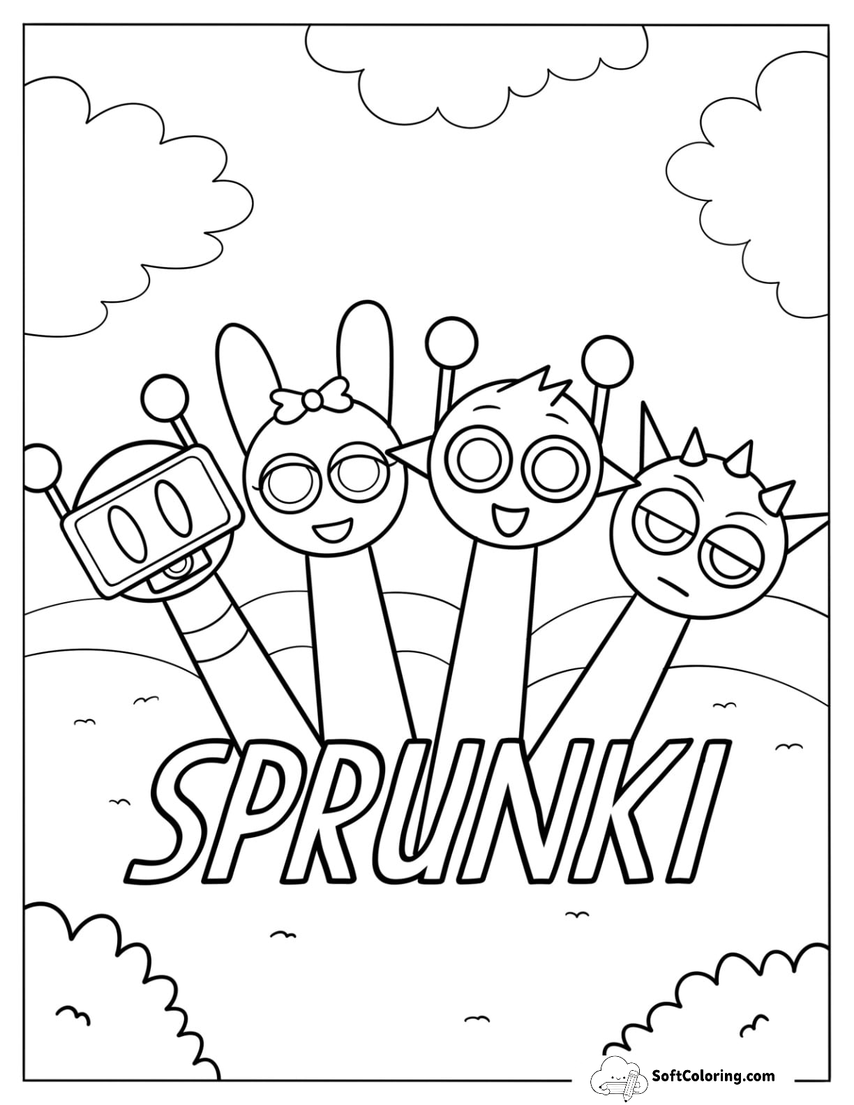 Adorable Sprinki Characters With Logo Coloring Page