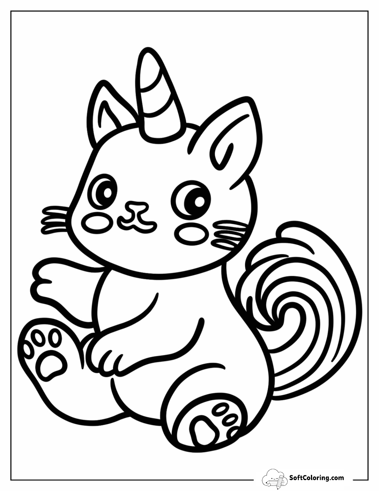 Adorable Unicorn Cat Coloring Page With Curly Tail For Kids