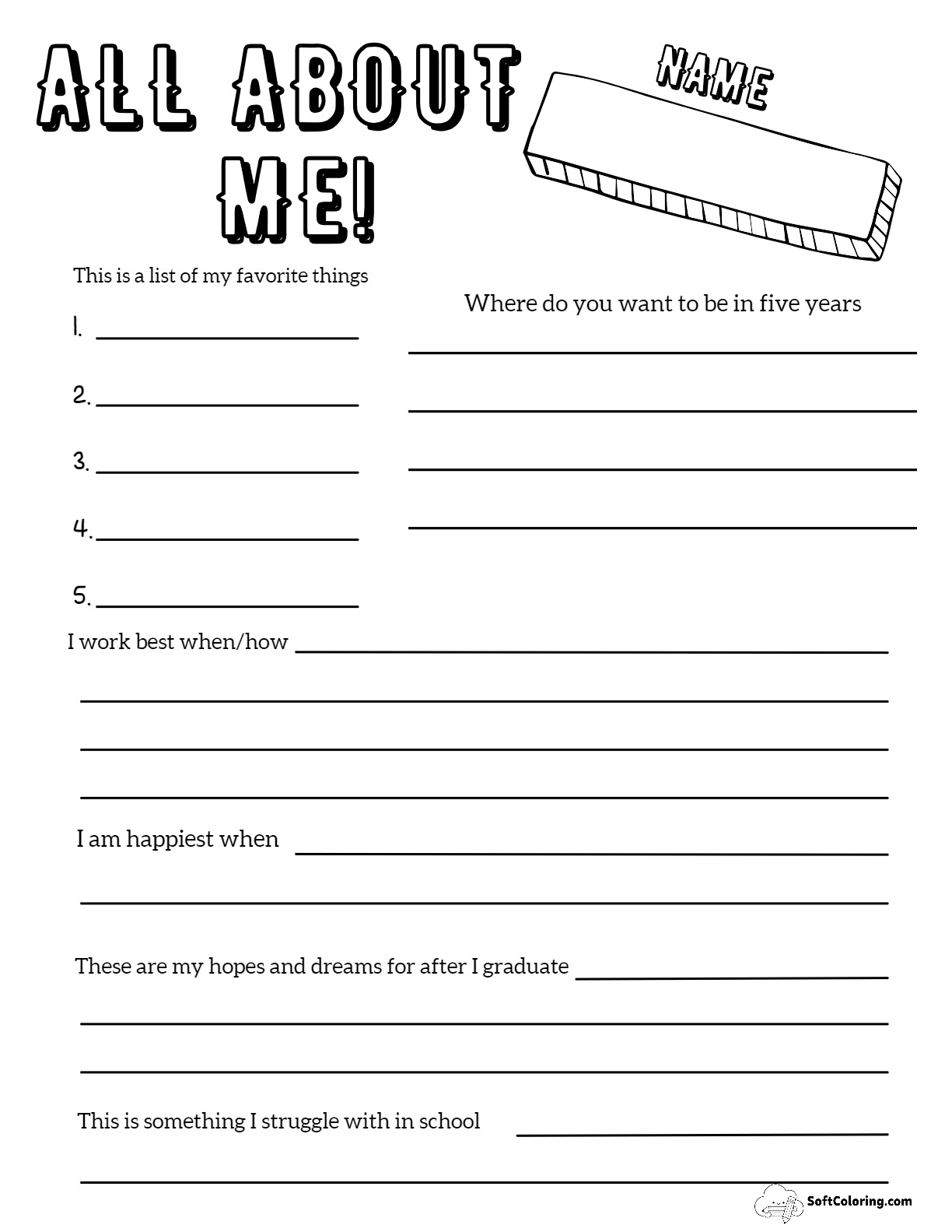 All About Me Printable Worksheet For Middle School