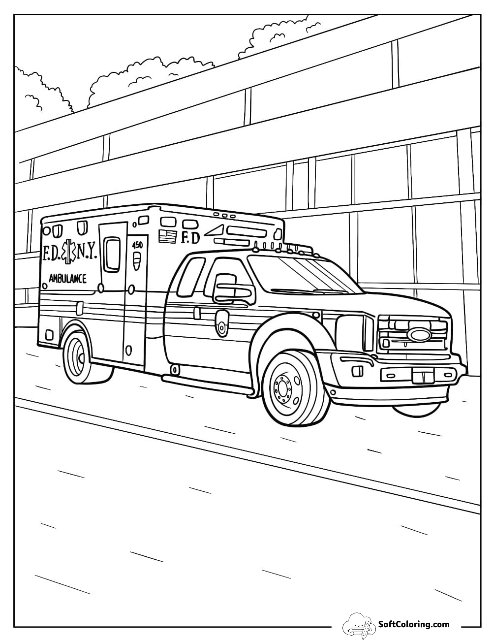 Ambulance Coloring Page Parked Beside A Hospital