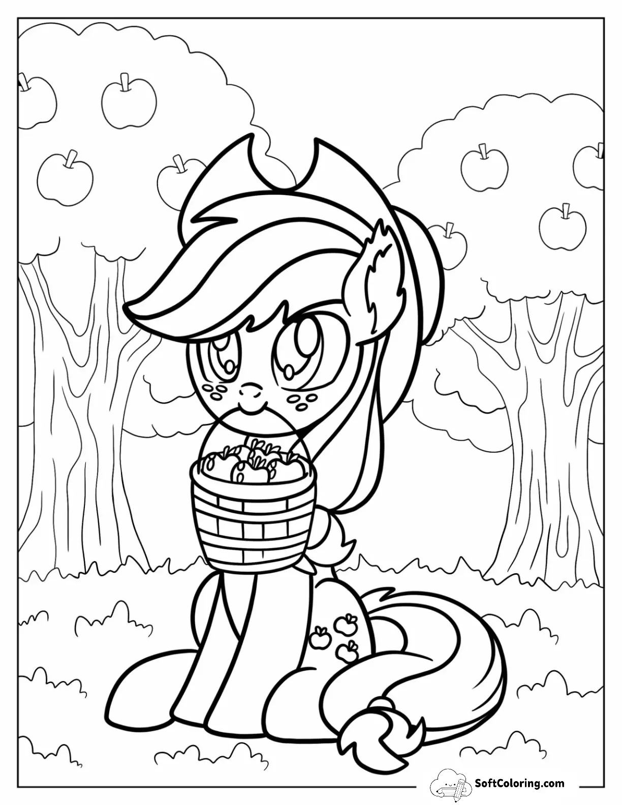 Applejack Coloring Page Holding A Bucket Of Apples