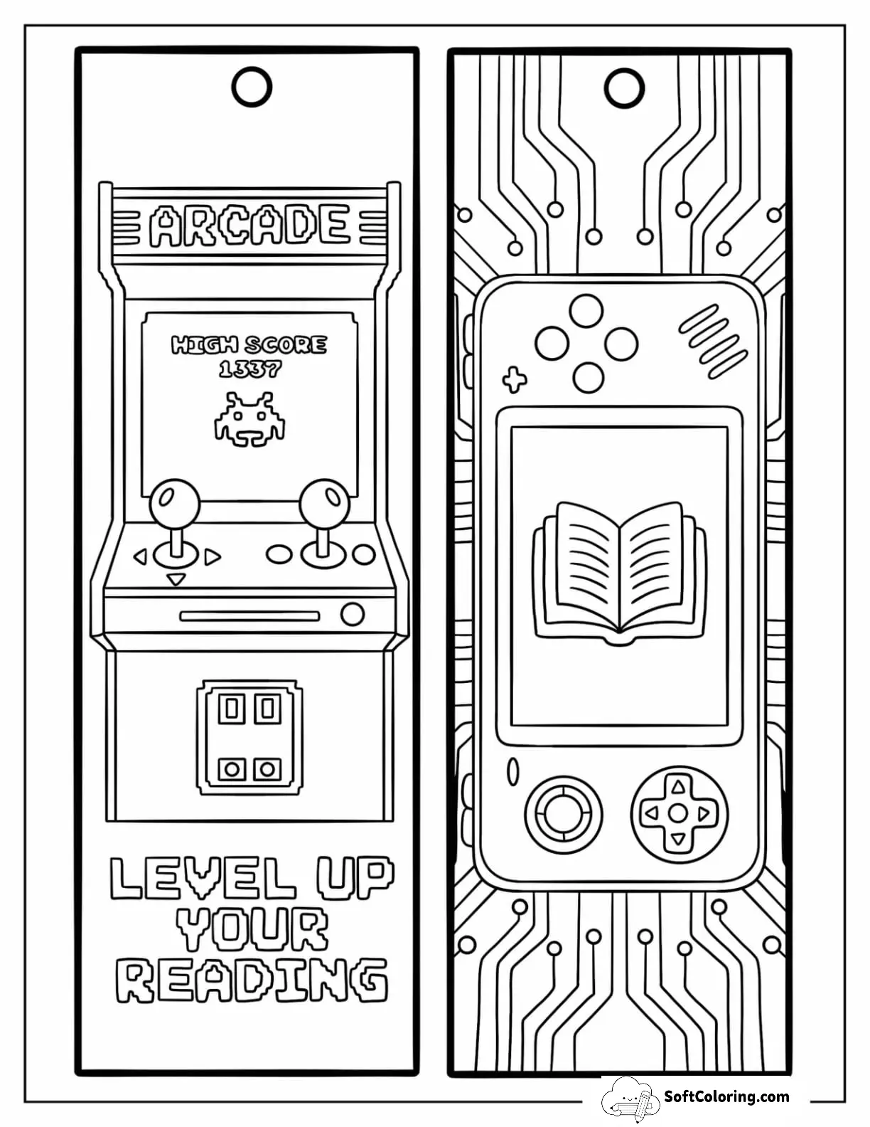 Arcade Machine And Handheld Game Console Reading Bookmark Coloring Page