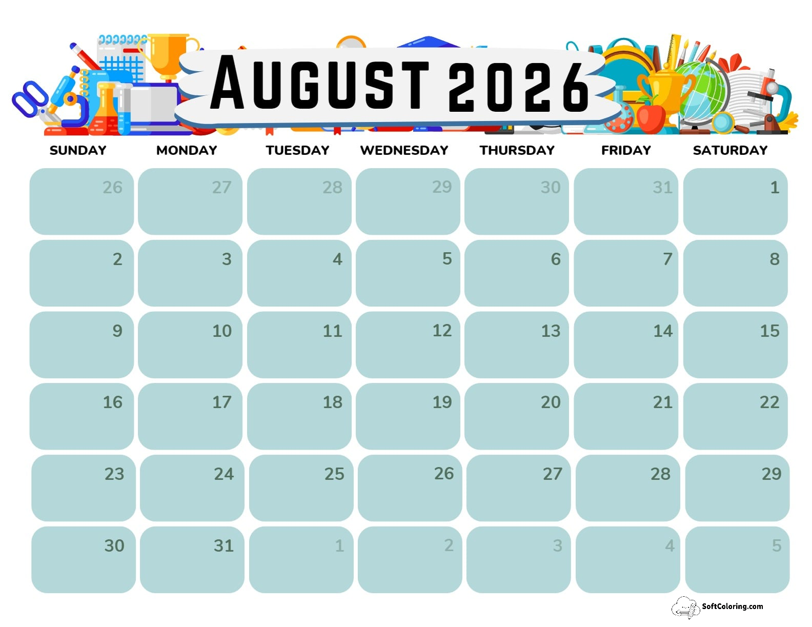 August 2026 Calendar Printable Academic Landscape