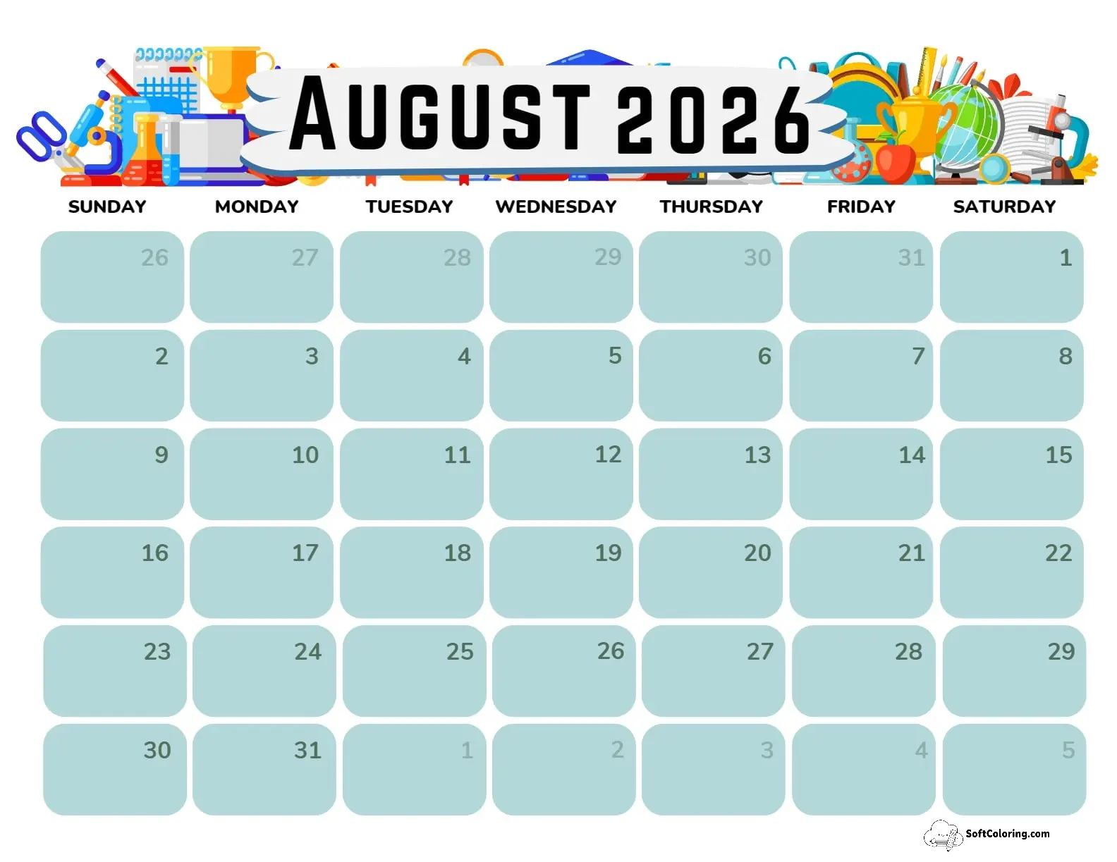 August 2026 Calendar Printable Academic Landscape