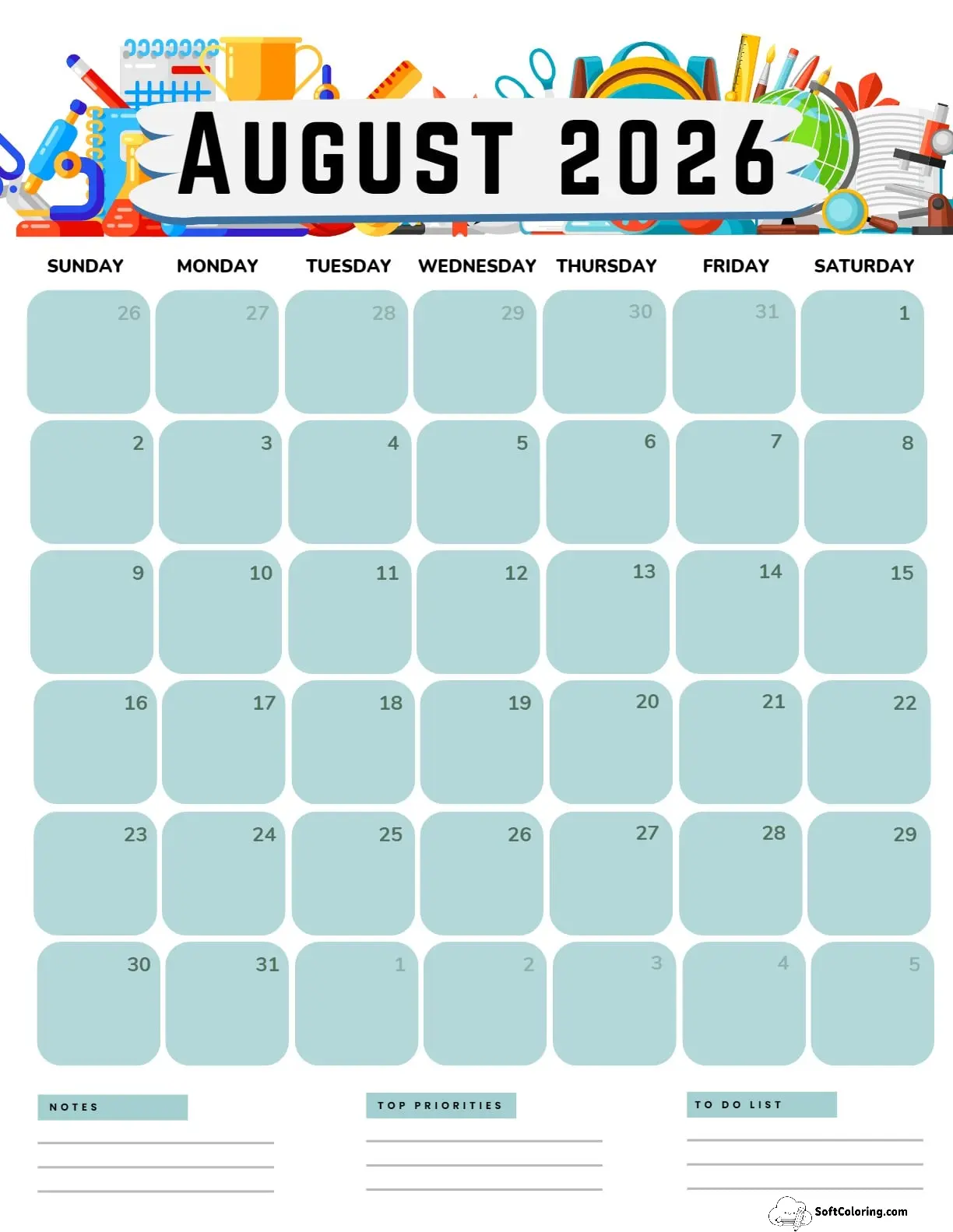 August 2026 Calendar Printable Academic Portrait