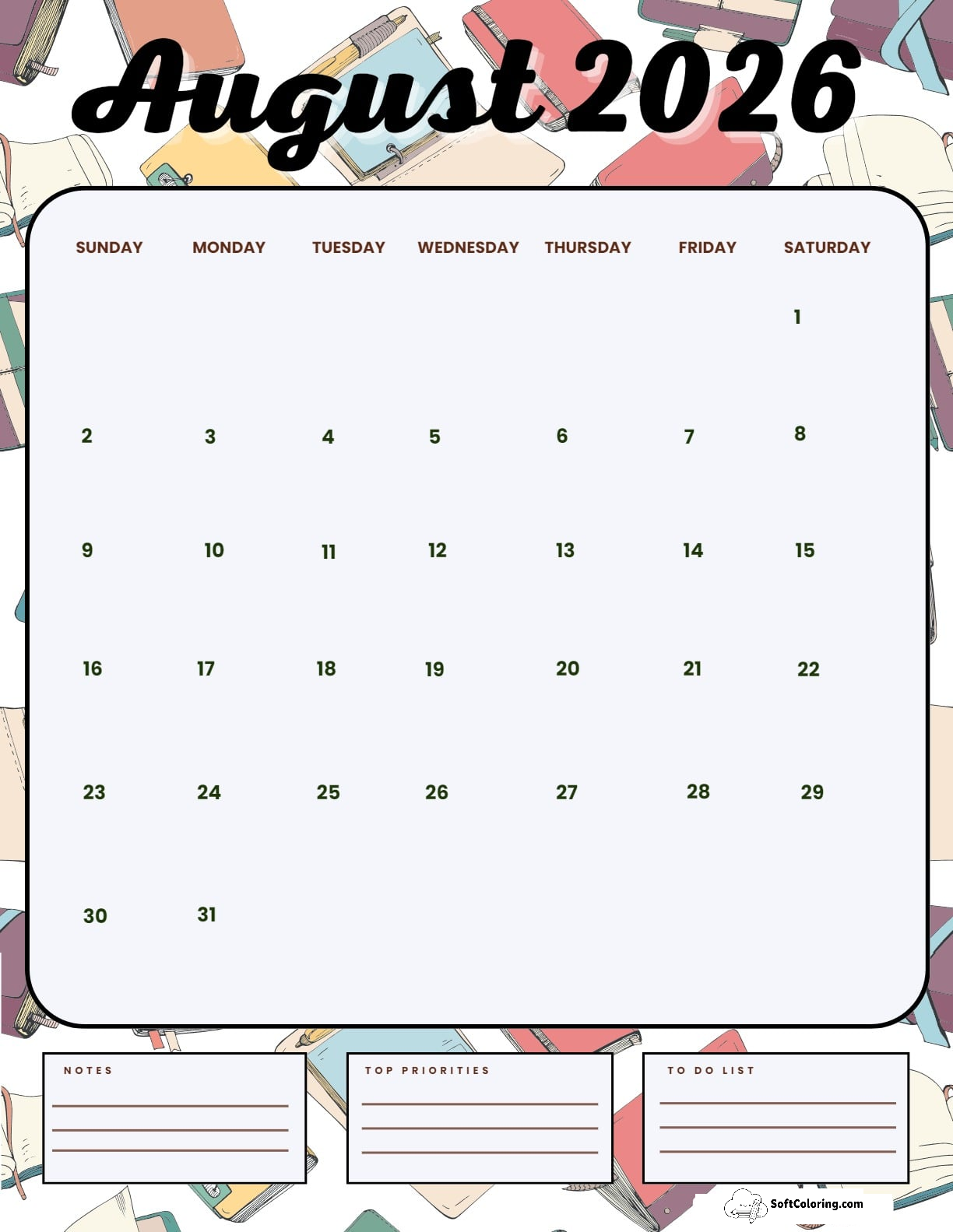 August 2026 Calendar Printable Books Portrait