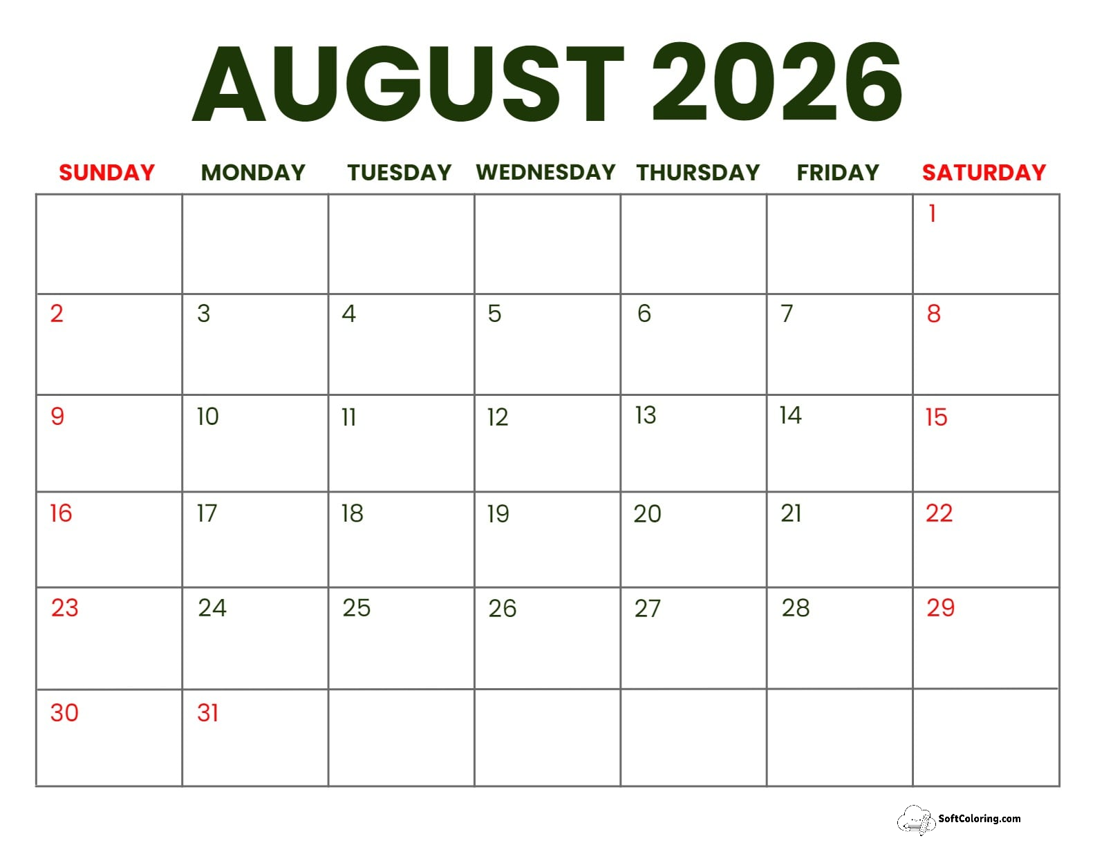 August 2026 Calendar Printable Business Landscape