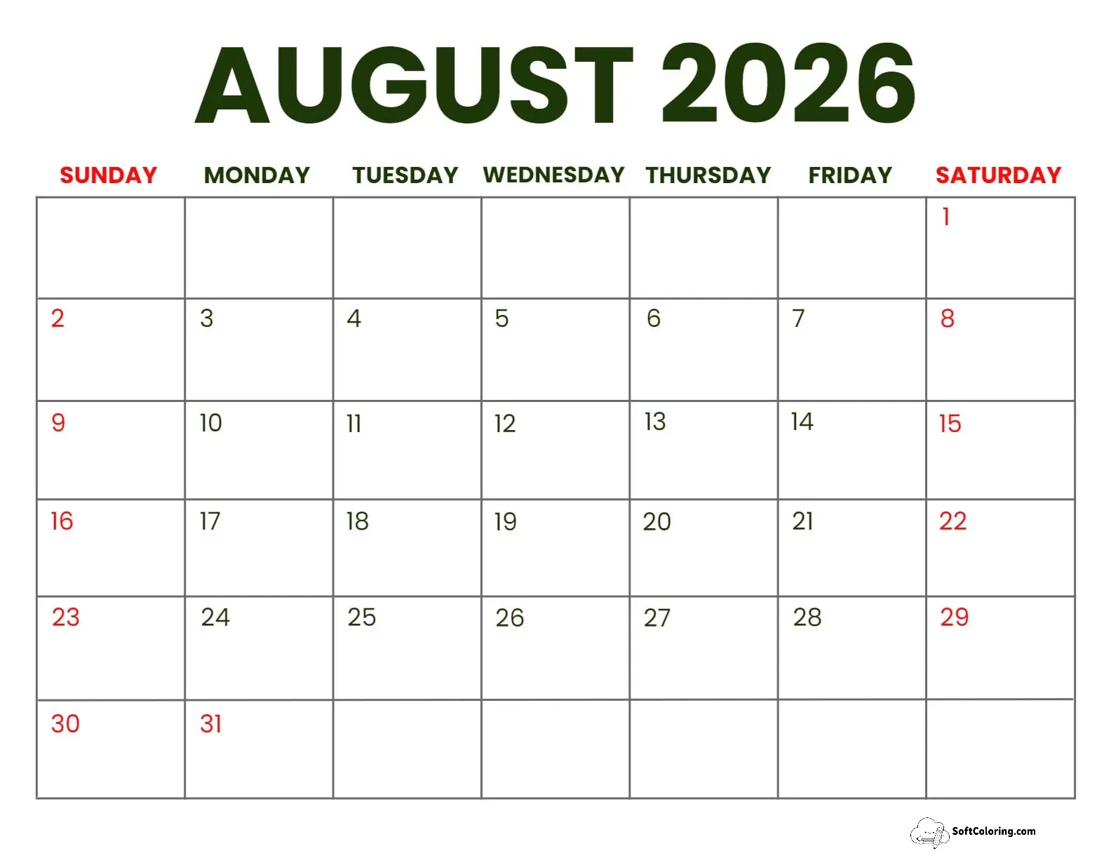 August 2026 Calendar Printable Business Landscape