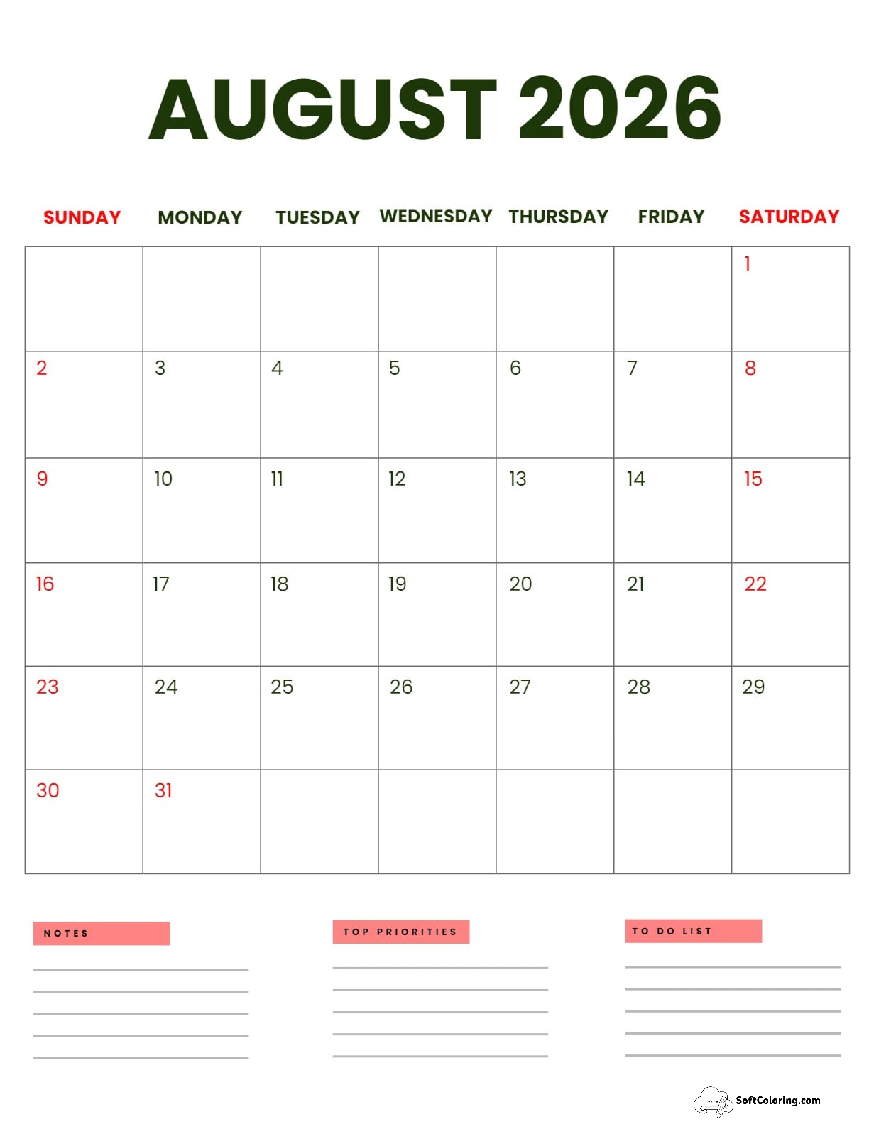 August 2026 Calendar Printable Business Portrait