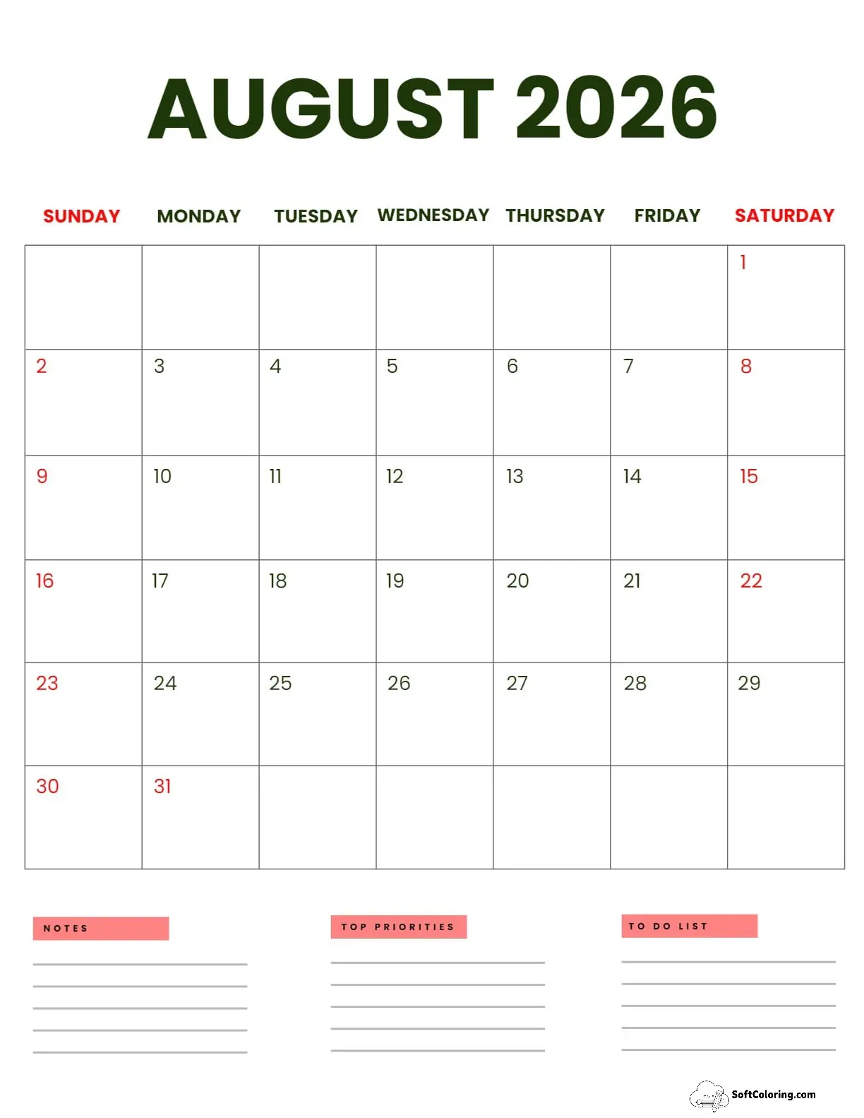 August 2026 Calendar Printable Business Portrait