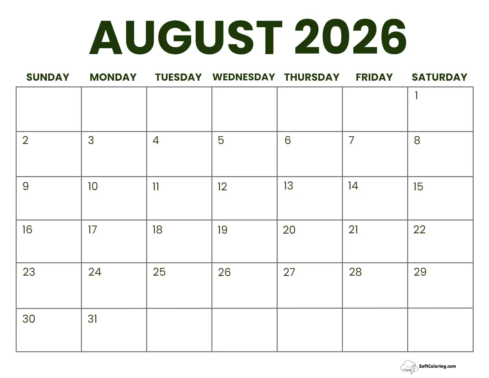 August 2026 Calendar Printable Business2 Landscape