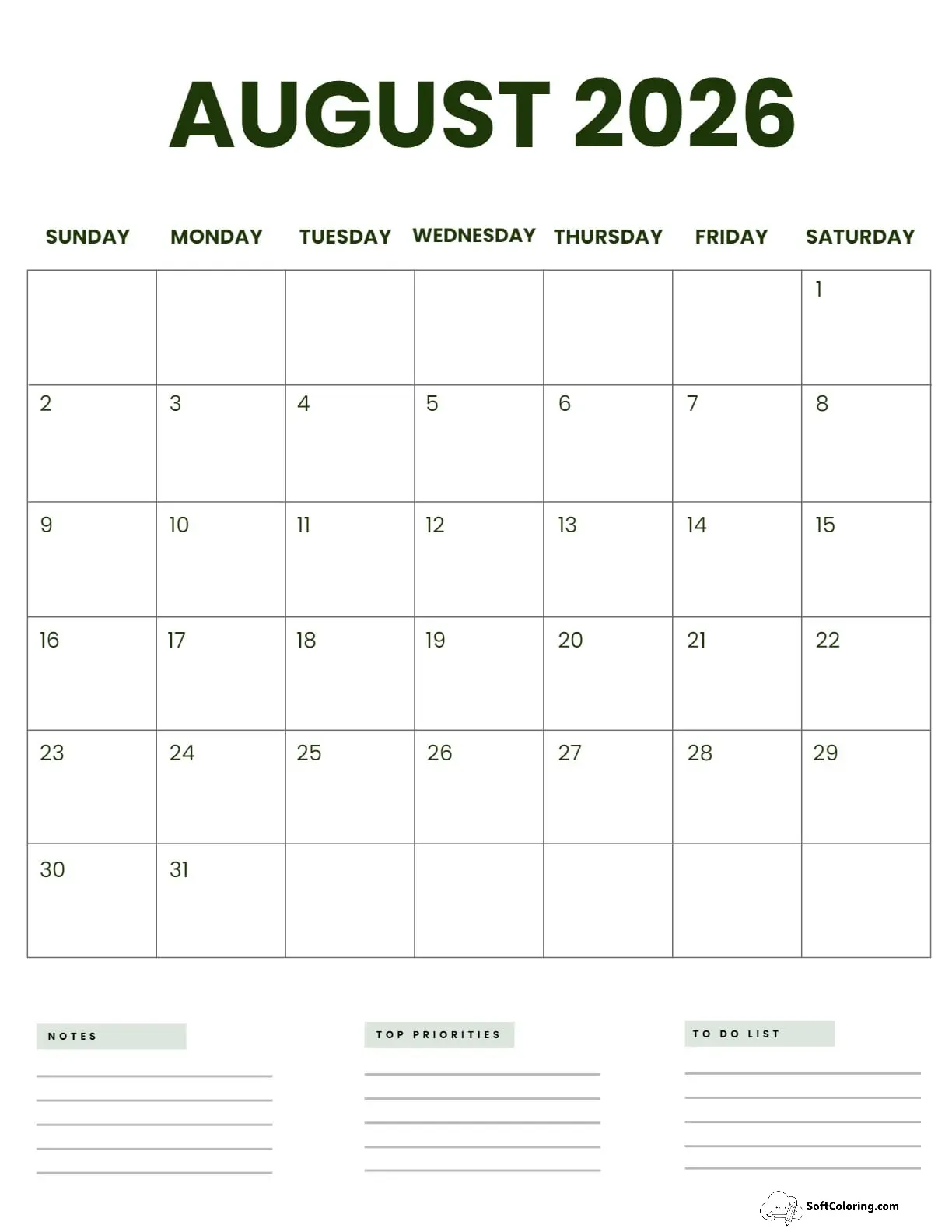 August 2026 Calendar Printable Business2 Portrait