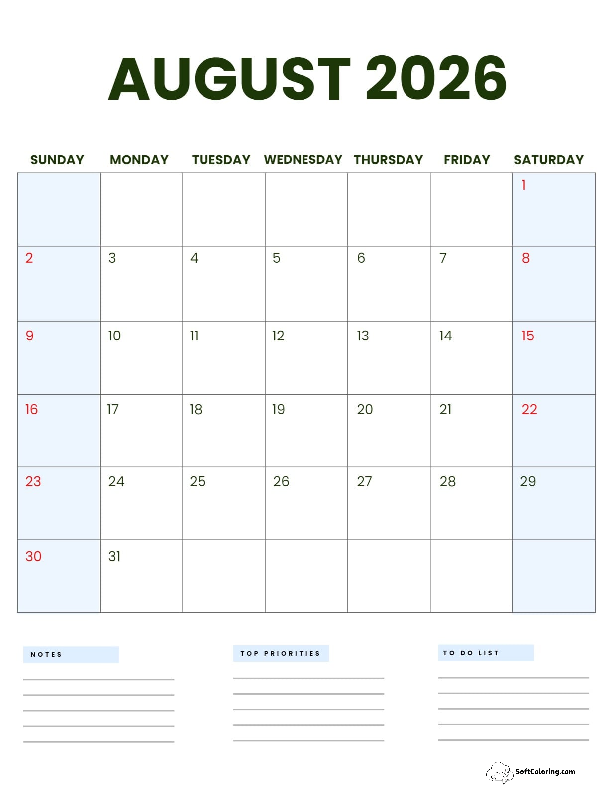 August 2026 Calendar Printable Business3 Portrait