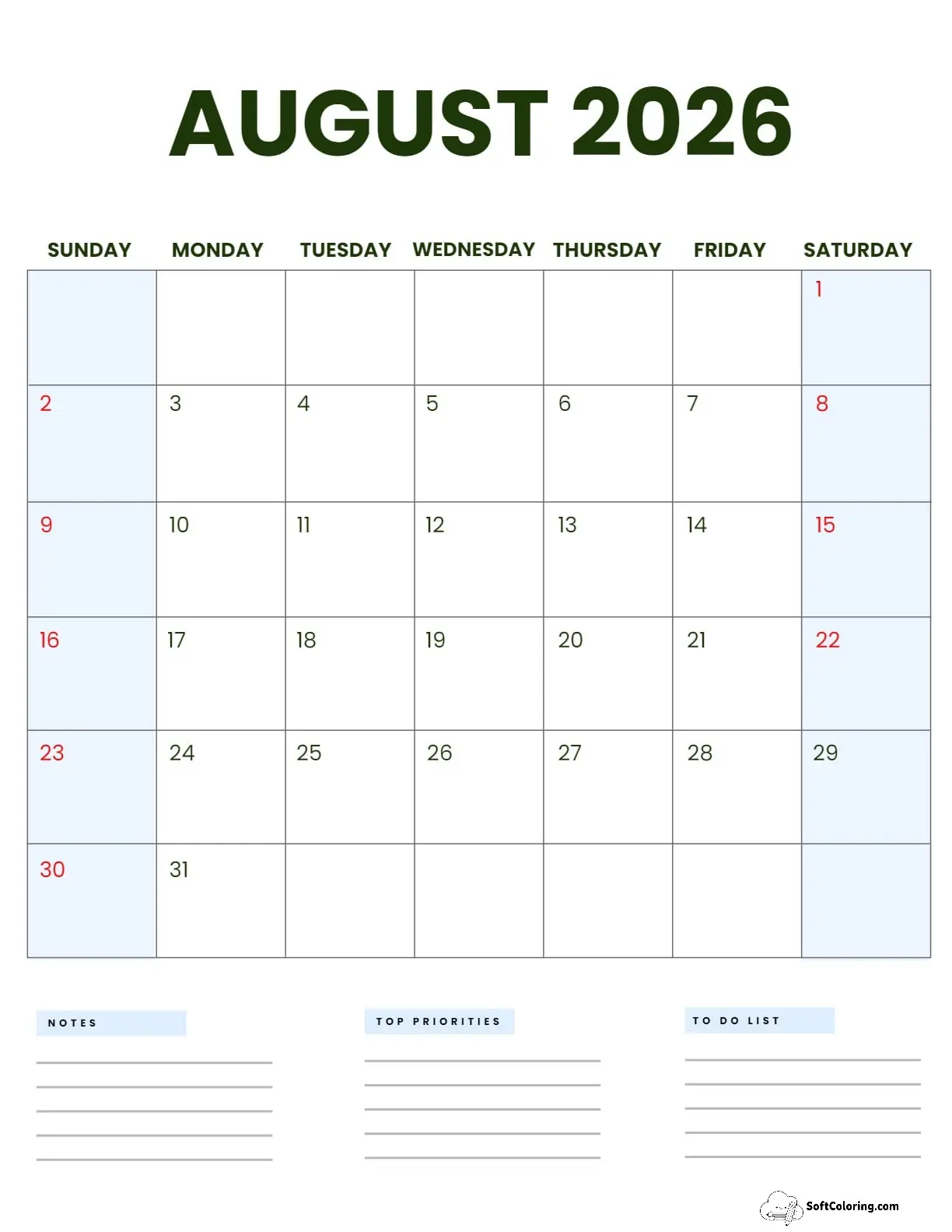 August 2026 Calendar Printable Business3 Portrait