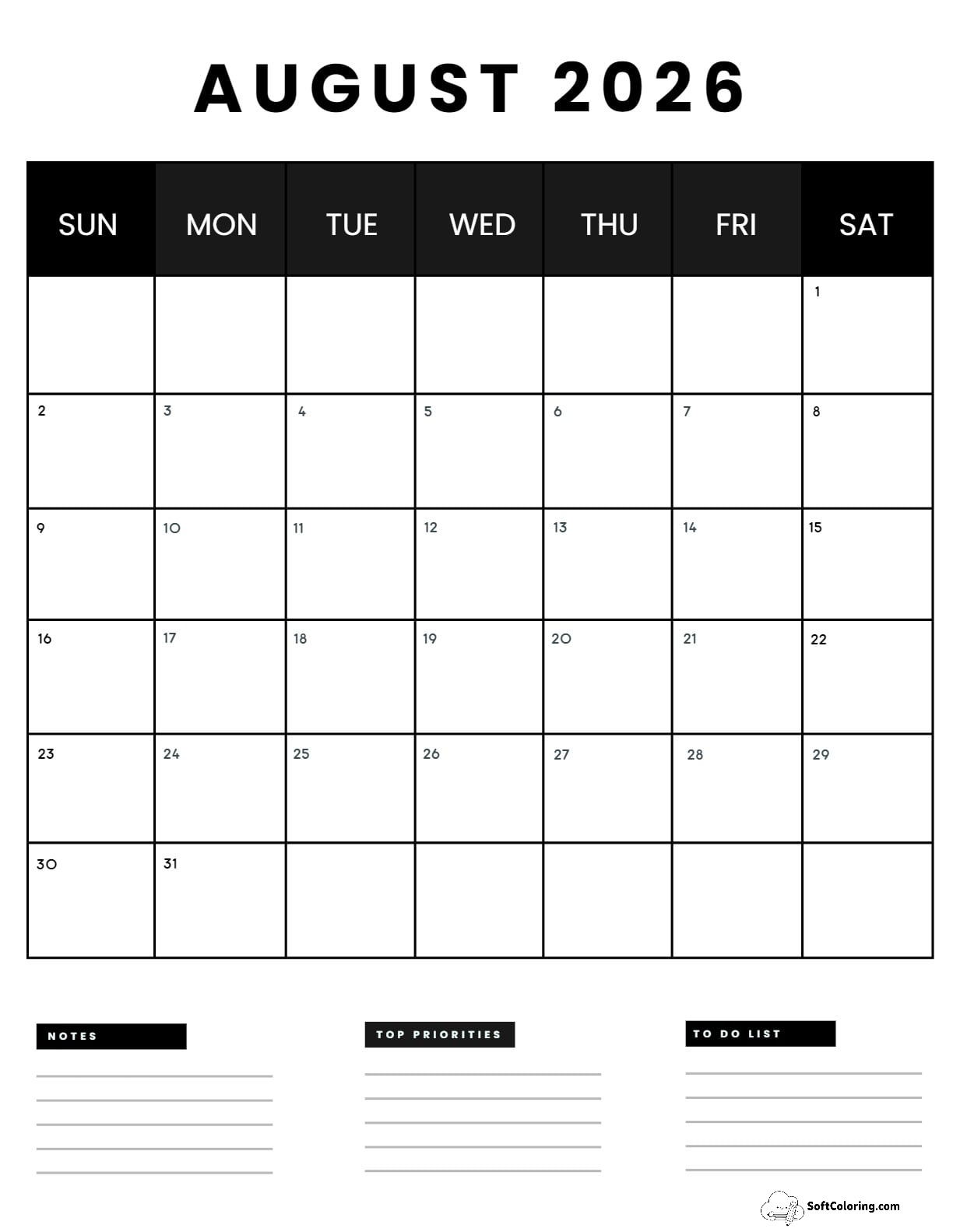 August 2026 Calendar Printable Business4 Portrait