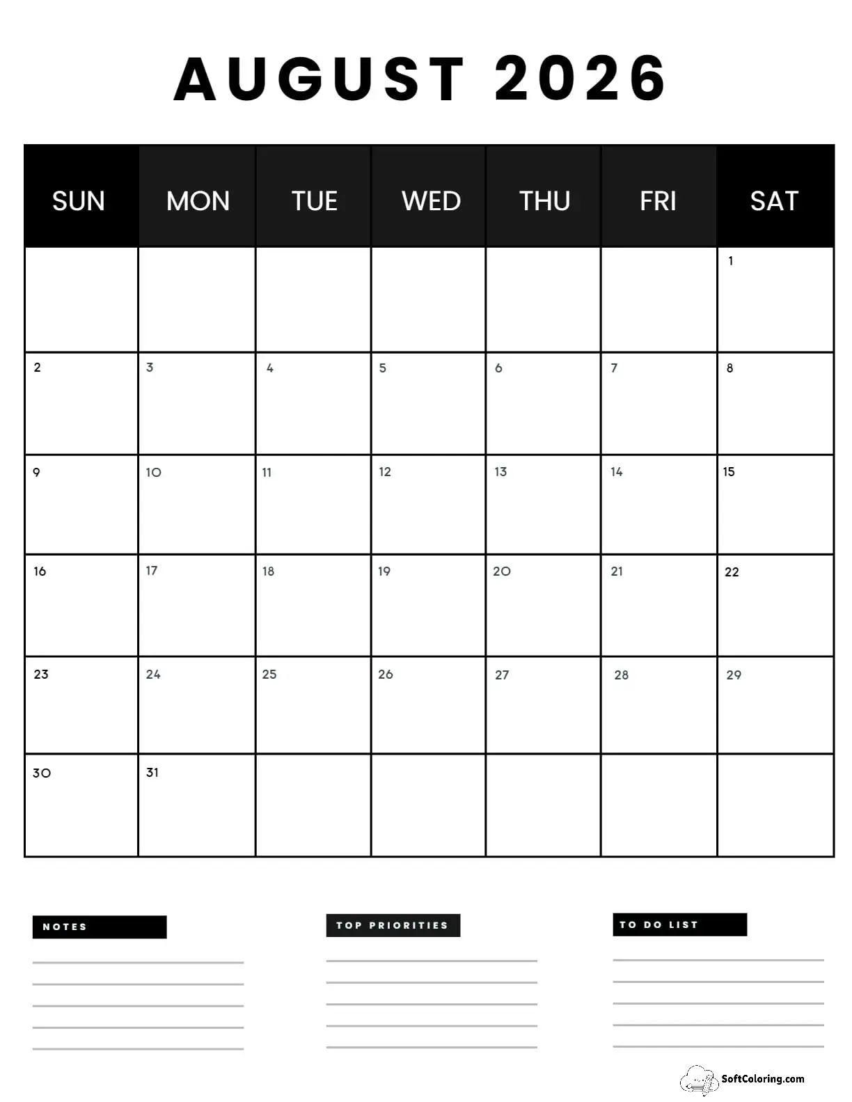 August 2026 Calendar Printable Business4 Portrait