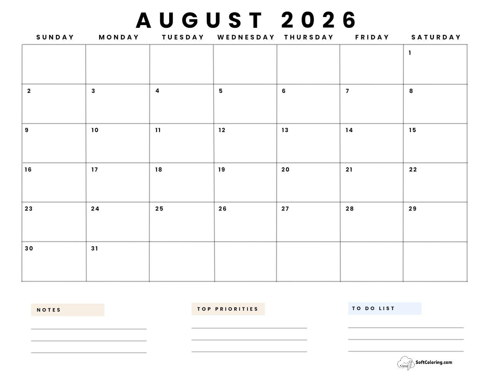 August 2026 Calendar Printable Business5 Landscape