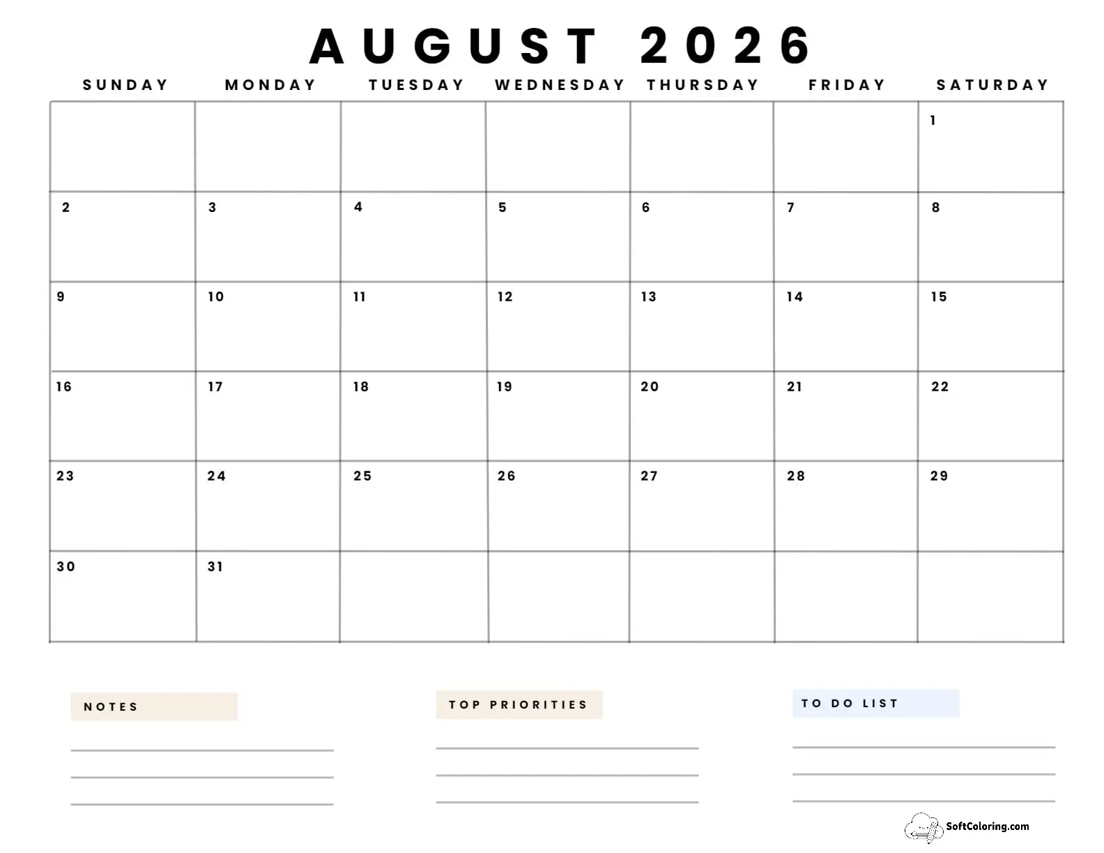 August 2026 Calendar Printable Business5 Landscape
