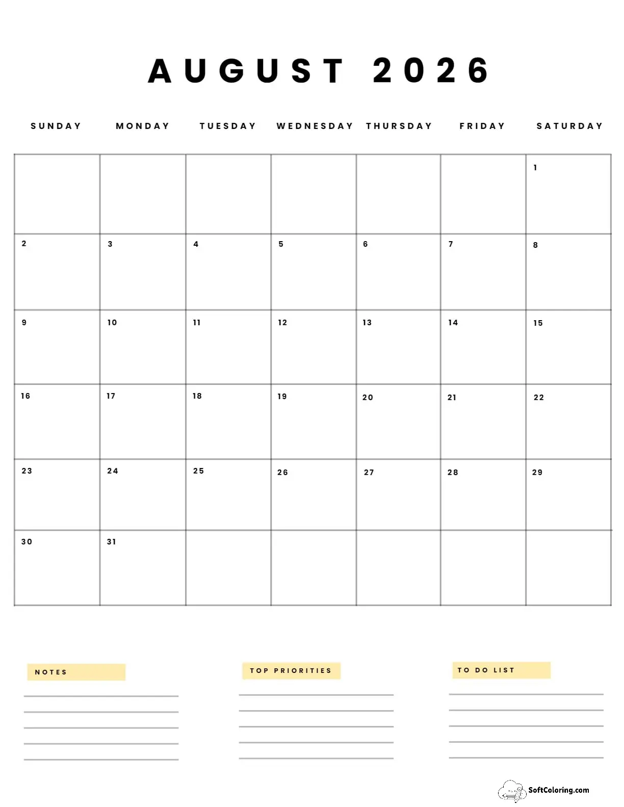August 2026 Calendar Printable Business5 Portrait