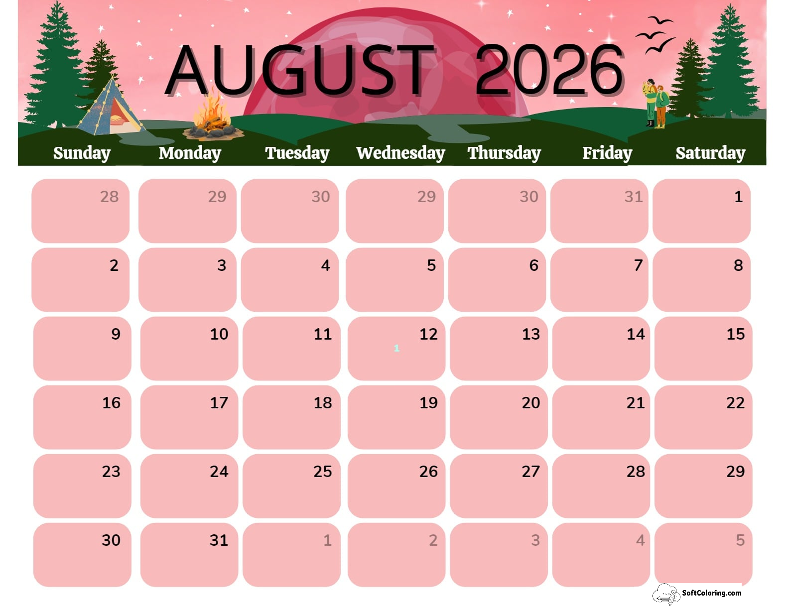 August 2026 Calendar Printable Camping Landscape