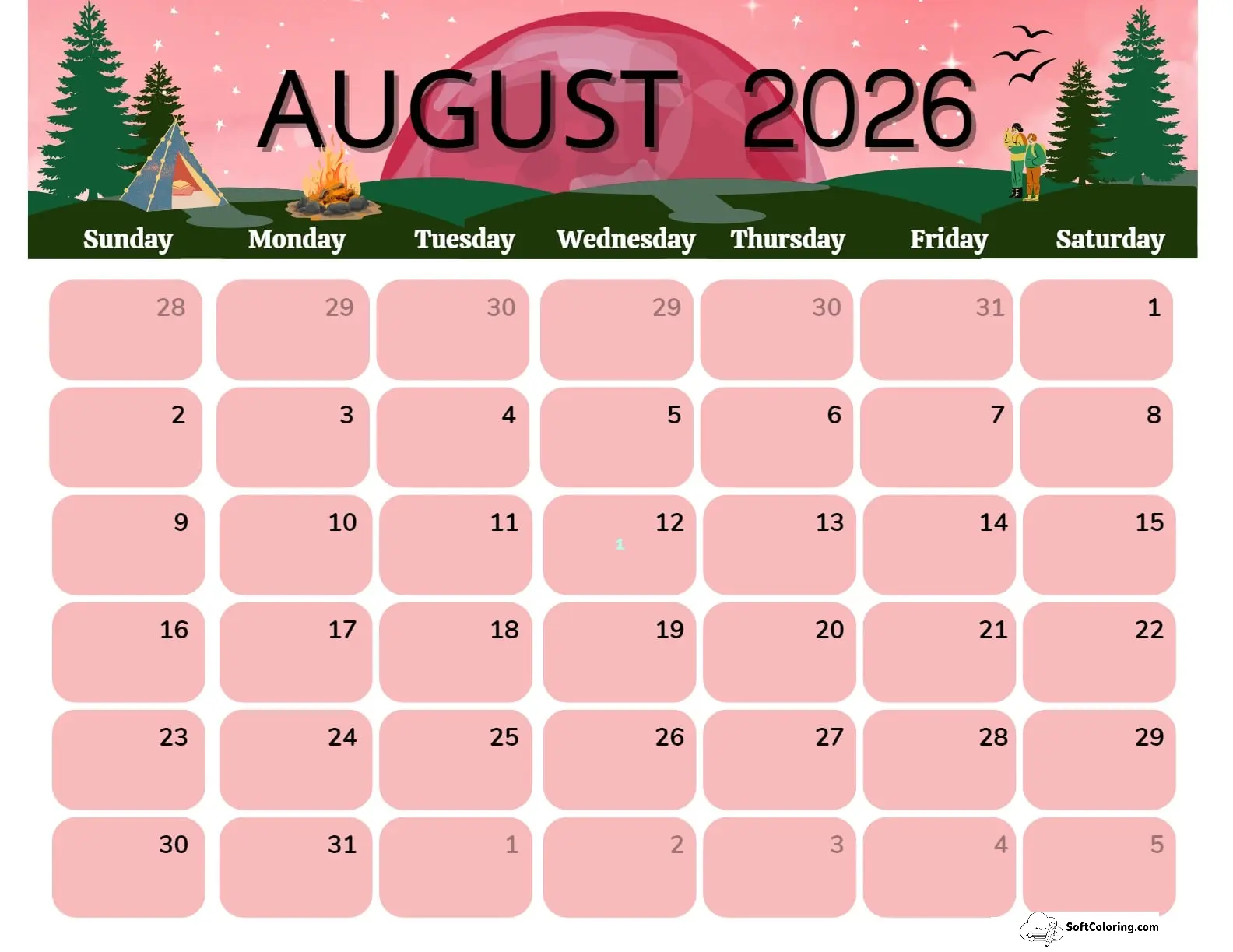 August 2026 Calendar Printable Camping Landscape