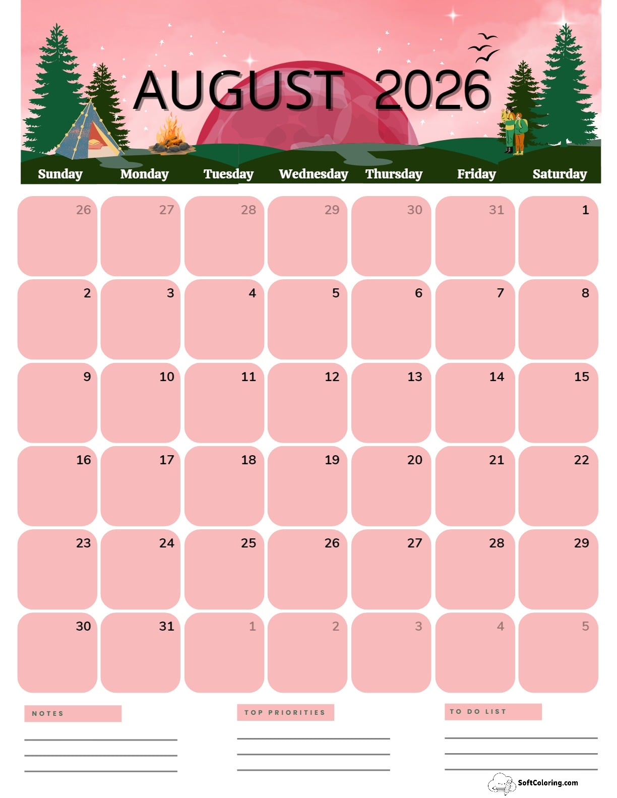 August 2026 Calendar Printable Camping Portrait