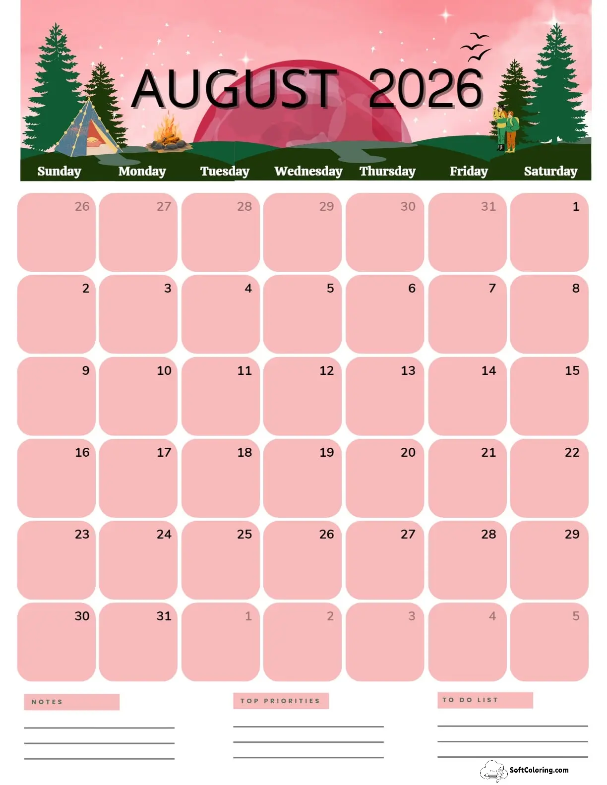 August 2026 Calendar Printable Camping Portrait