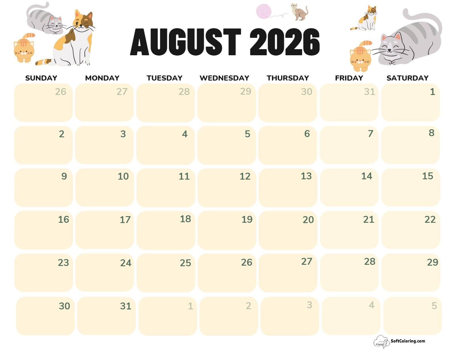 August 2026 Calendar Printable Cats Landscape 2