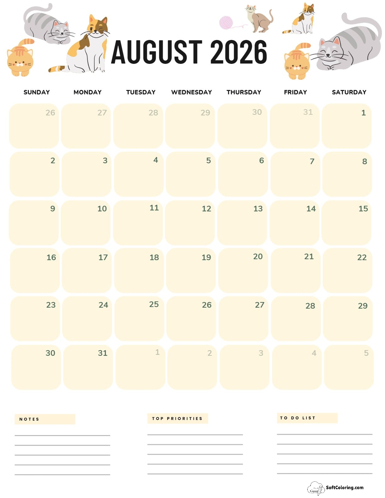 August 2026 Calendar Printable Cats Portrait