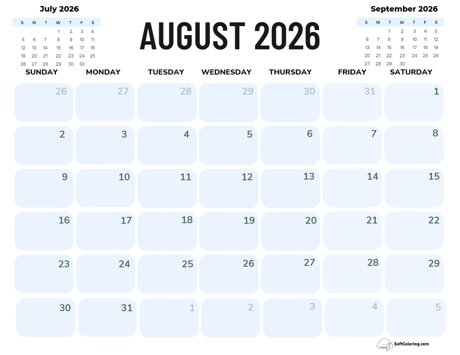 August 2026 Calendar Printable Corporate Landscape